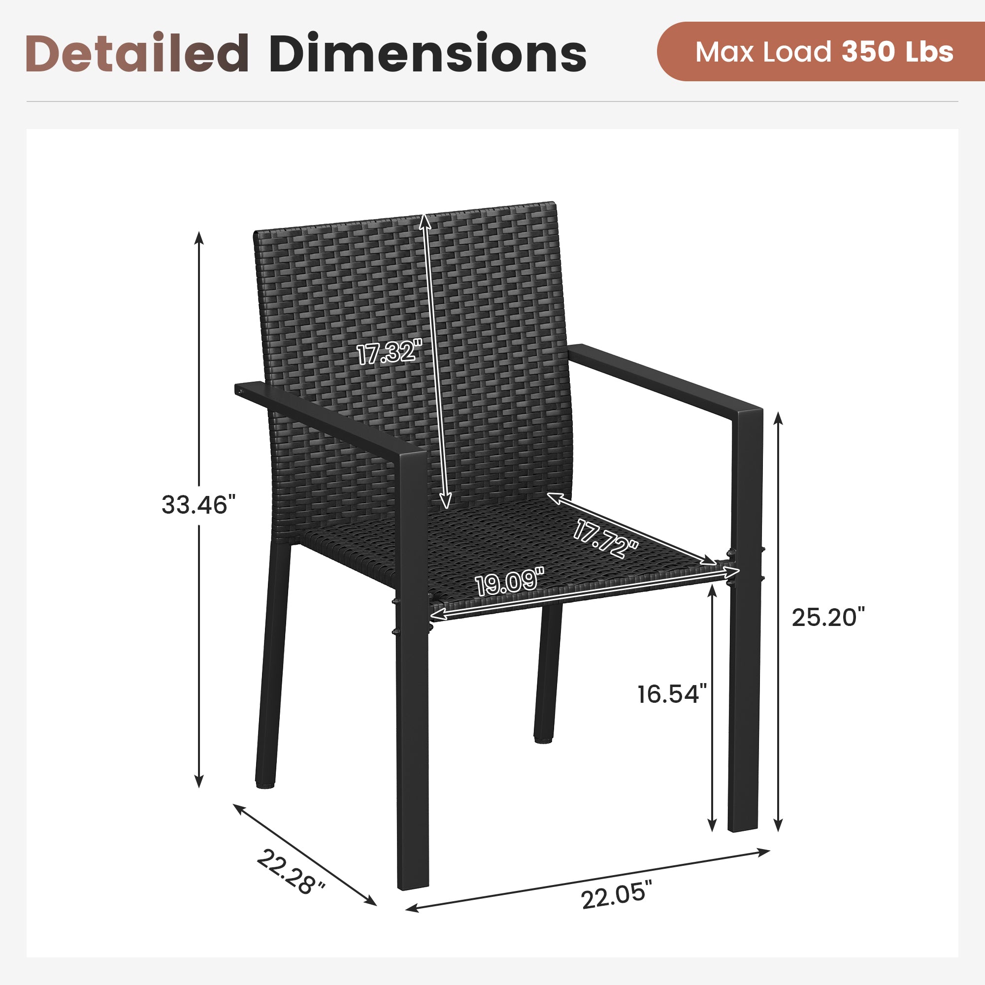 UDPATIO Stackable Patio Chairs Set of 2, Wicker Outdoor Chairs, All-Weather Rattan Dining Chairs with Deep Seat & Armrests, Steel Frame for Patio, Garden, Backyard, Deck, Lawn or Porch, Black