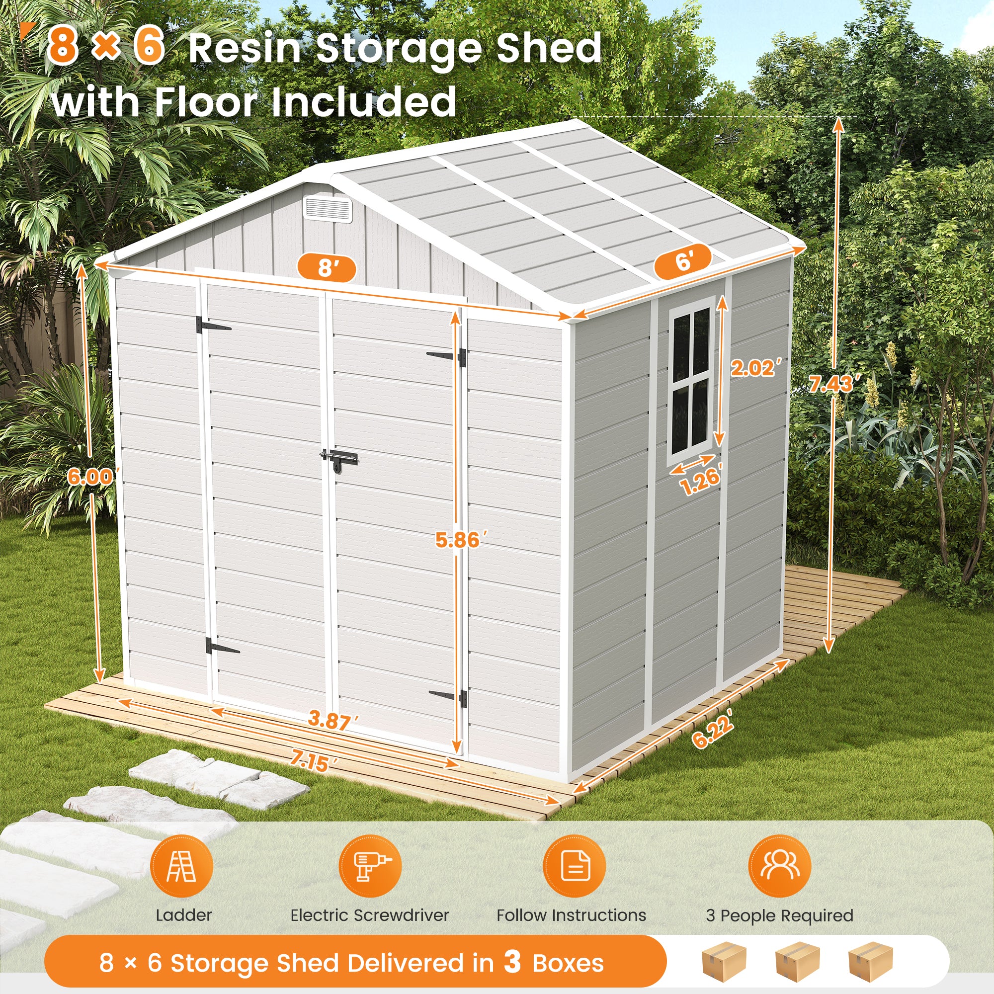 UDPATIO Resin Storage Shed 8 x 6 FT, Outdoor Garden Sheds with Floor Plastic Patio Outdoor Storage Shed with Lockable Door, Sandstone