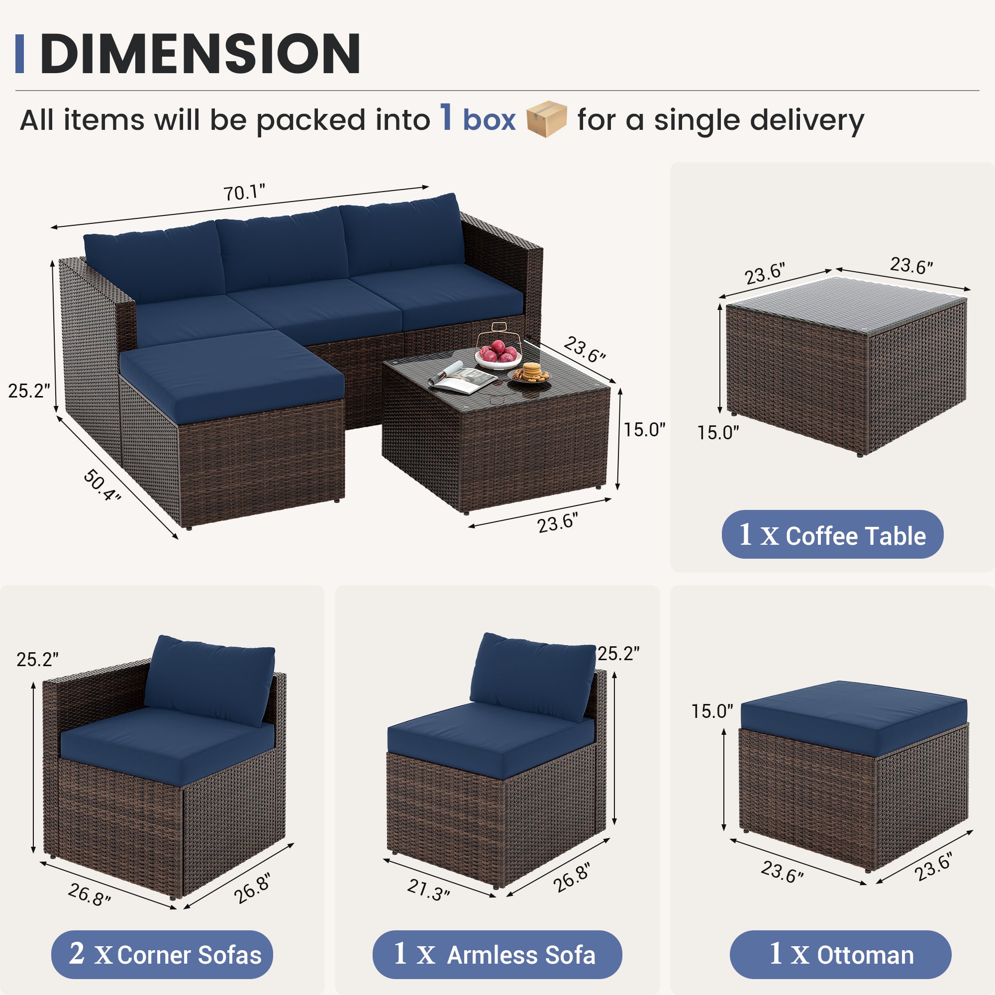 UDPATIO 5 Piece Patio Furniture Set, All-Weather Wicker Outdoor Sectional Sofa,  Rattan L Shaped Outdoor Conversation Patio Sectional with Ottoman, Glass Table for Balcony Porch Backyard,Navy Blue
