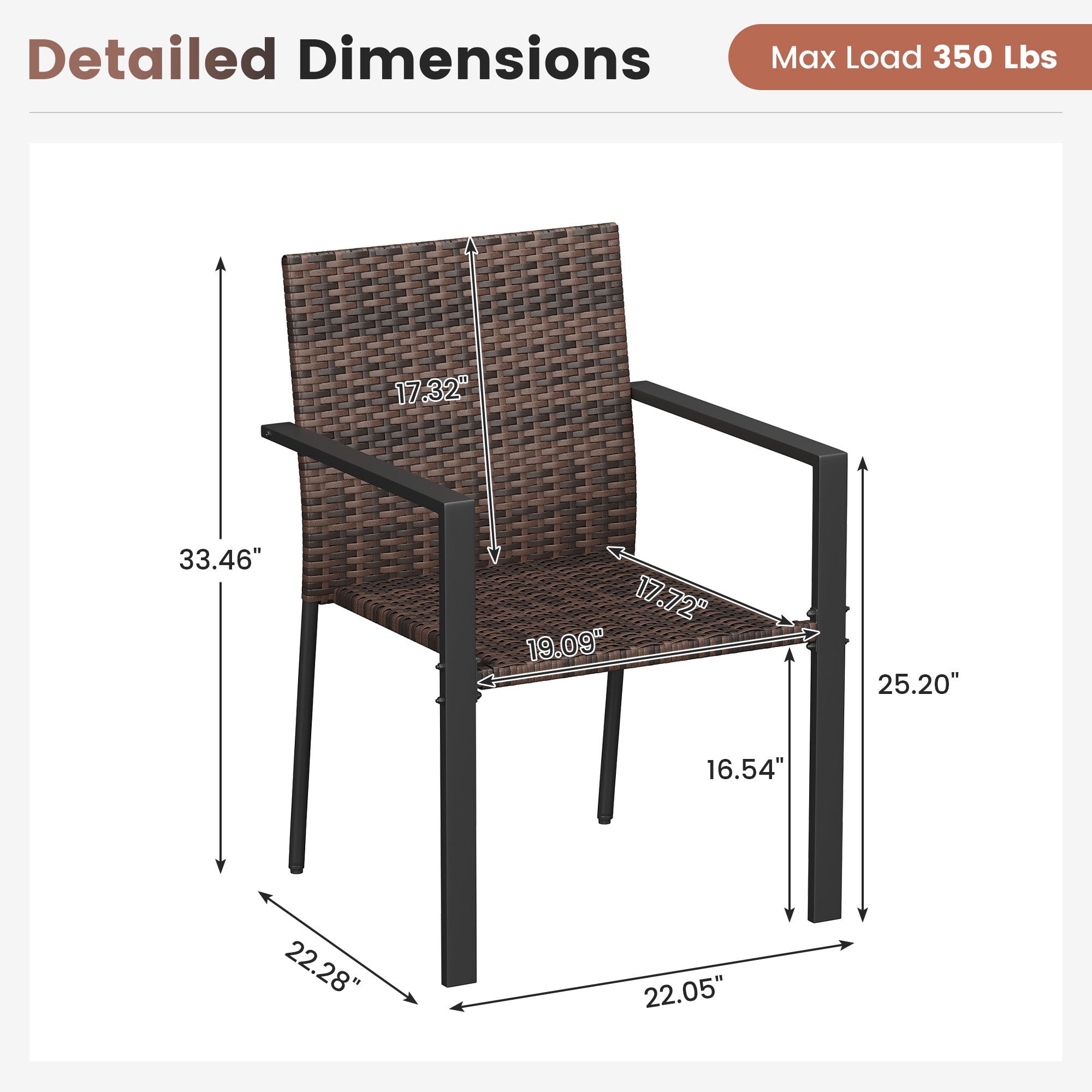UDPATIO Stackable Patio Chairs Set of 4, Wicker Outdoor Chairs, All-Weather Rattan Dining Chairs with Deep Seat & Armrests, Steel Frame for Patio, Garden, Backyard, Deck, Lawn or Porch, Brown