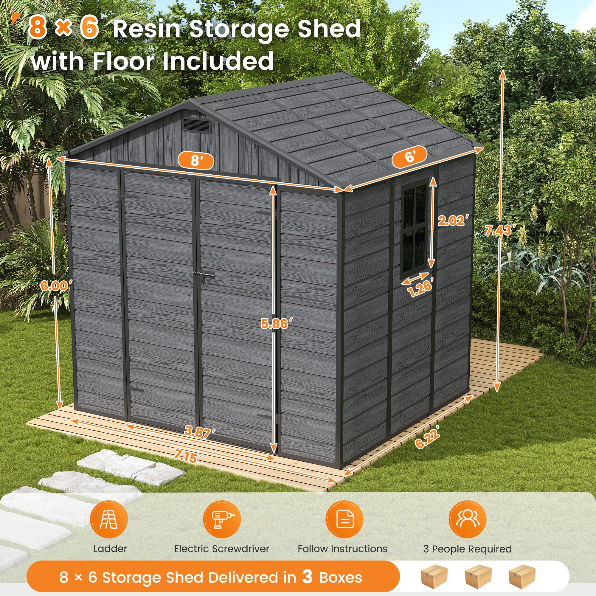 UDPATIO Resin Storage Shed 8 x 6 FT, Plastic Outdoor Storage Shed with Floor Outdside Storage Garden Patio Sheds with Lockable Door for Bike, Garbage Can, Tool, Dark Grey