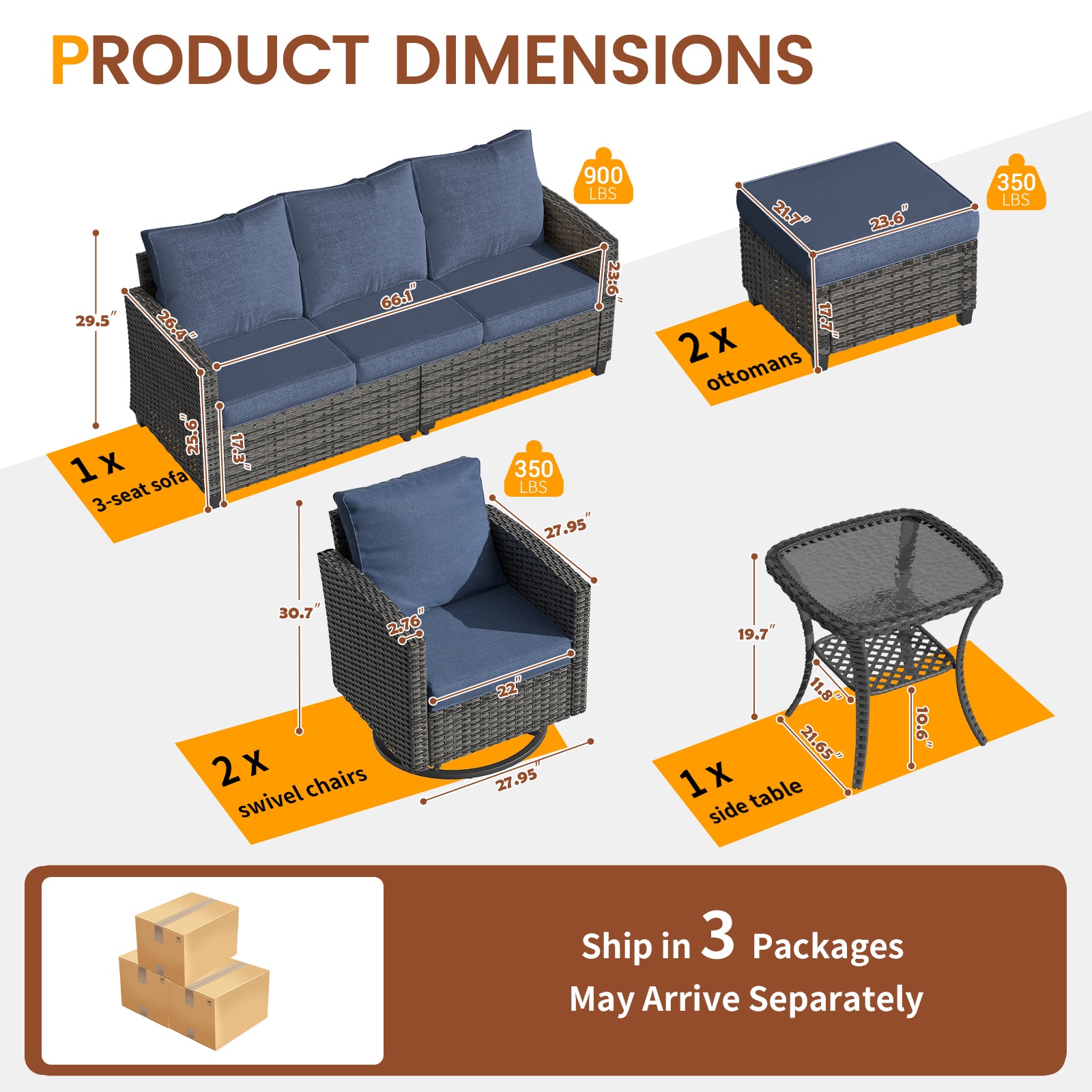 UDPATIO Patio Furniture Set, 6 Pieces Outdoor Sectional Couch, Gray Wicker Rattan Conversation Sofa with Swivel Rocking Chair, 4" Thick Cushion for Garden Backyard Deck, Navy Blue