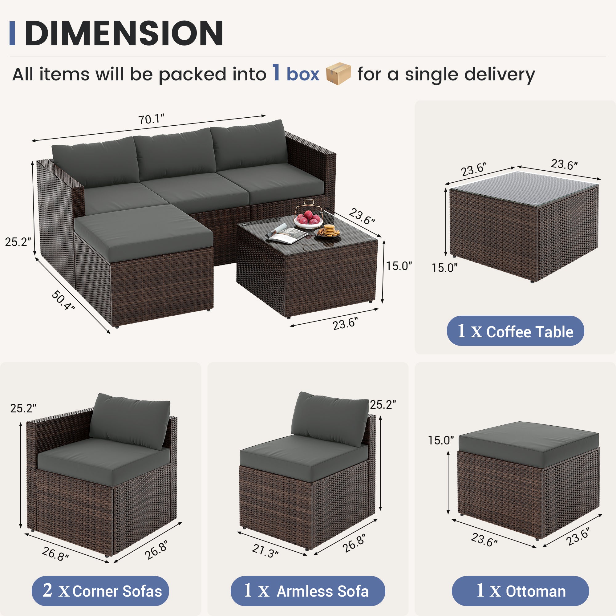 UDPATIO 5 Piece Patio Furniture Set, All-Weather Wicker Outdoor Sectional Sofa,  Rattan L Shaped Outdoor Conversation Patio Sectional with Ottoman, Glass Table for Balcony Porch Backyard,Grey