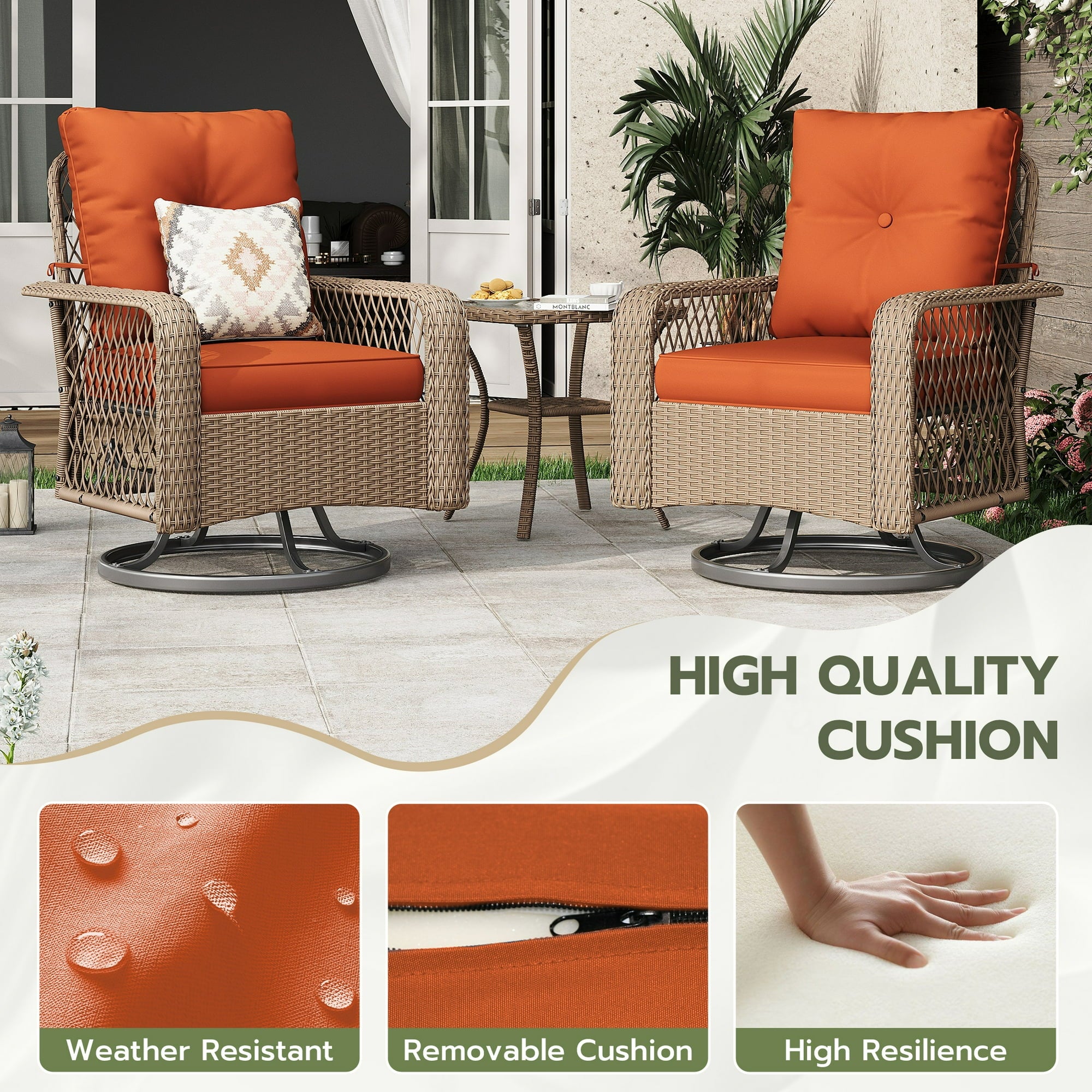 UDPATIO 3 Pieces Patio Furniture Set, Outdoor Swivel Gliders Rocker, Wicker Patio Bistro Set with Rattan Rocking Chair, Glass Top Side Table and Thickened Cushions for Porch Deck Backyard (Tangerine)