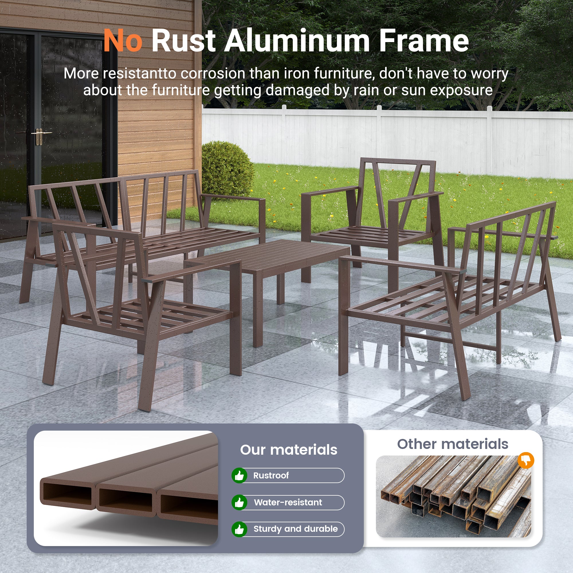 UDPATIO 5 Pieces Aluminum Patio Furniture Set, 7-Seat Metal Outdoor Furniture Set with 4" Water-Resistant Cushion & Coffee Table,  Patio Conversation Sets for Porch, Deck, Garden