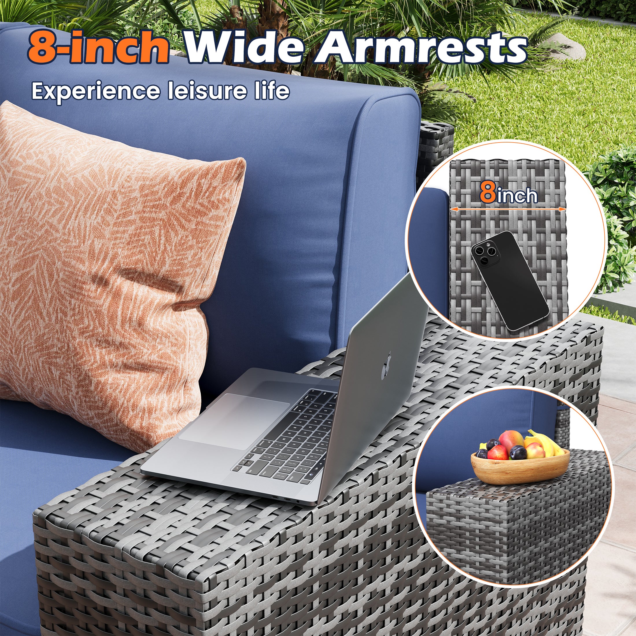 UDPATIO 6-Piece Patio Furniture Set, Outdoor Patio Sofa Set With Wide Armrest, All-Weather Wicker Rattan Guest Set With Cushion And Glass Table And Waterproof Cover, Grey & Navy Blue