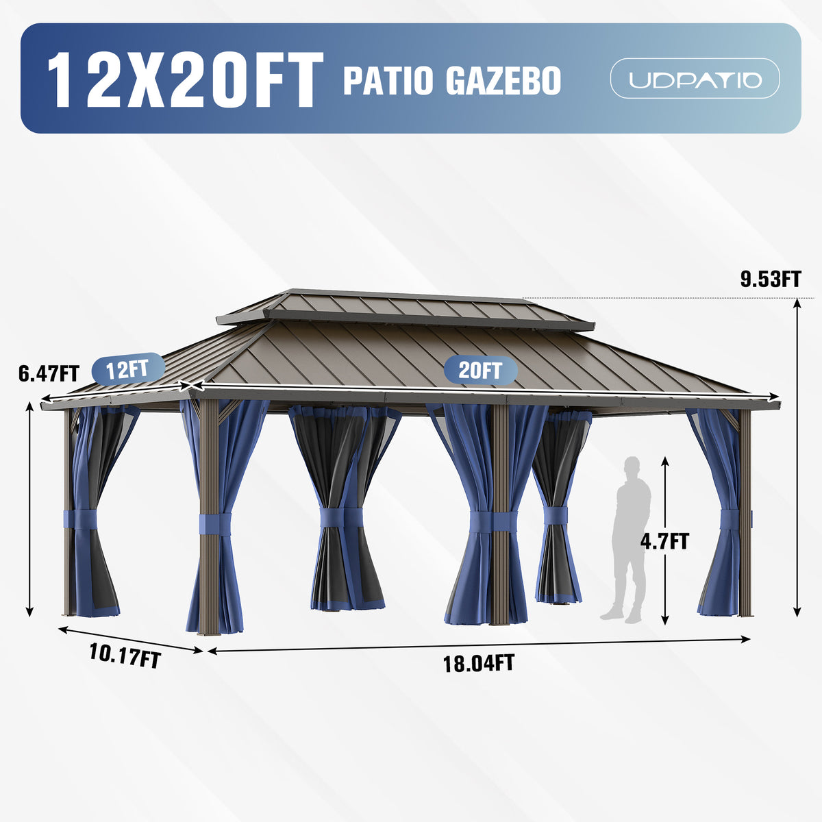 DPATIO 12'x20' Hardtop Aluminum Outdoor Gazebo with Double Roof, Navy Blue