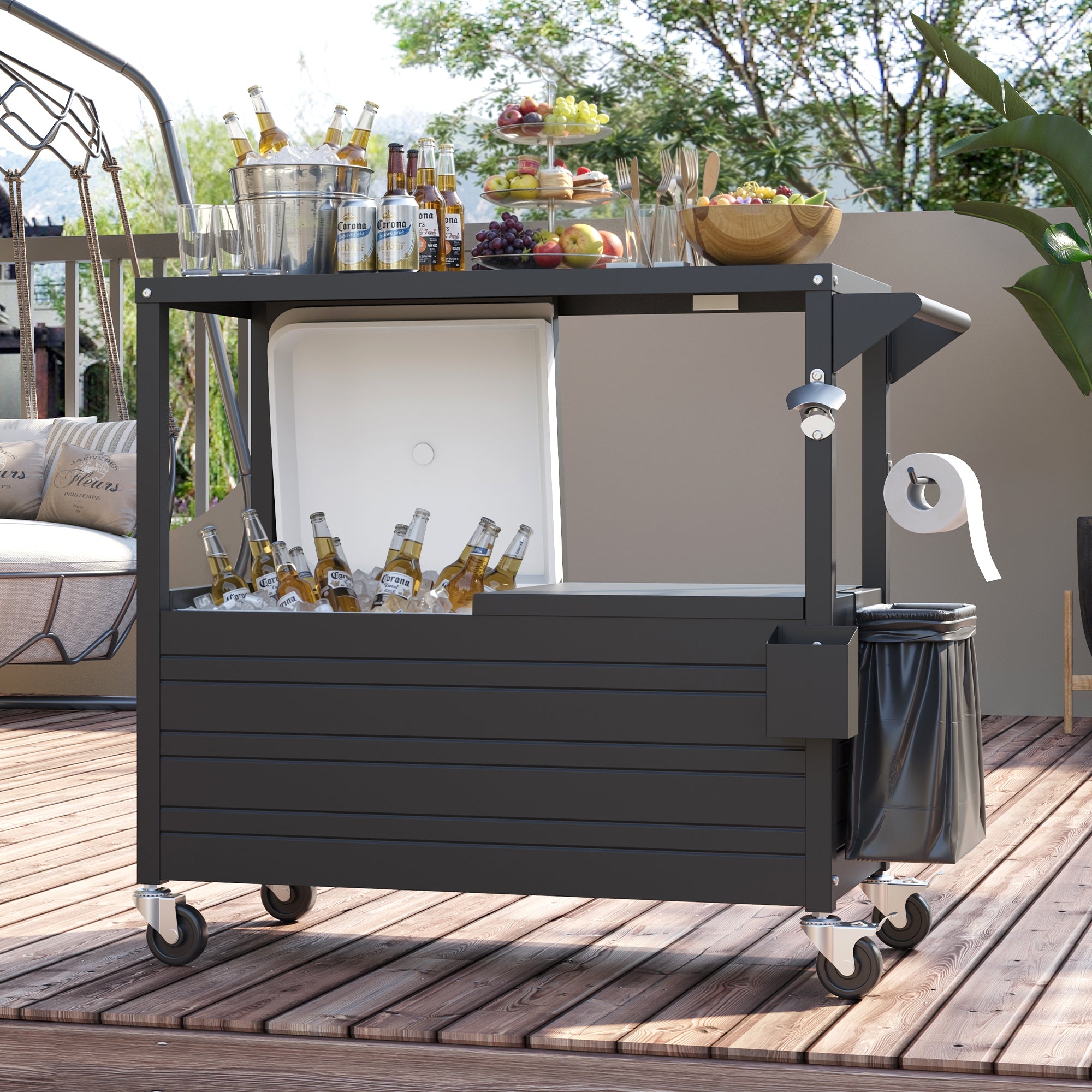 80 Quart Rolling Ice Chest with Top Table Patio Cooler Cart with 4 Wheels, Portable Outdoor Beverage Cooler with Drain Plug Weather Resistant for BBQ Party Pool Deck, Indoor & Outdoor Use