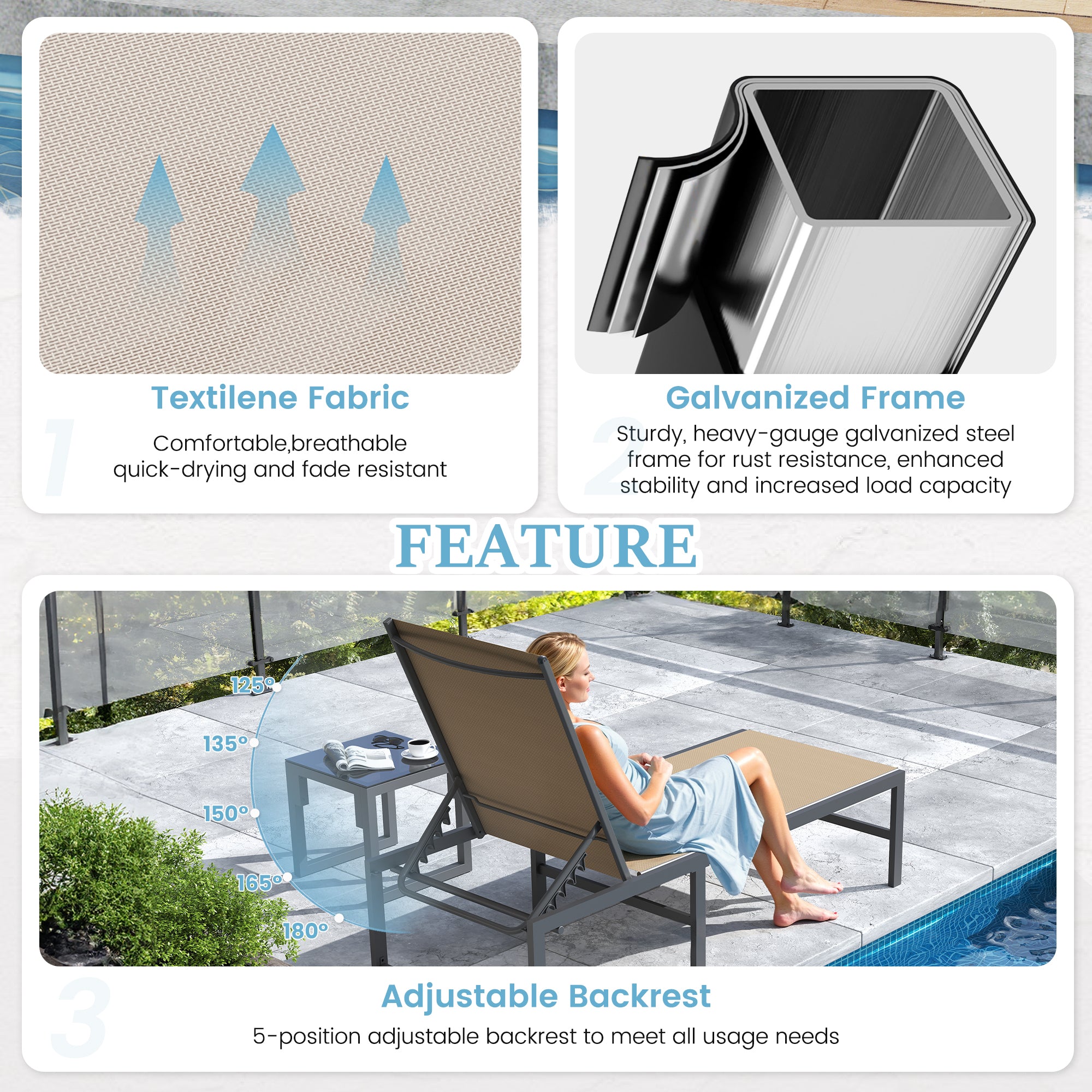 Patio Lounge Chair Pool Chaise Chairs for Outside, Adjustable Lounger for Poolside Lawn Deck Lay Flat Sunbathing Backrest for Patio, Beach, Yard(Brown)