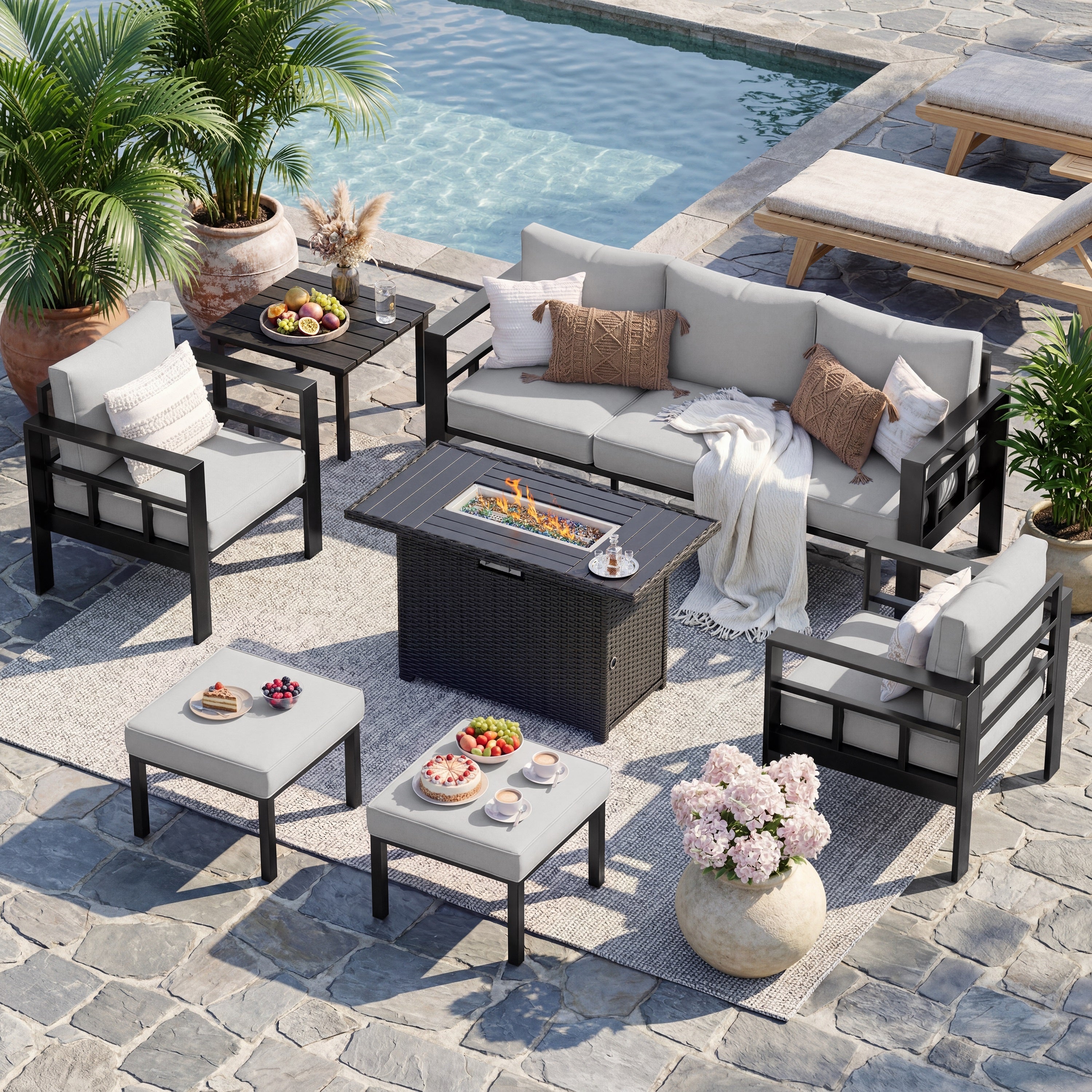 UDPATIO Aluminum Outdoor Furniture Set with 2 Ottomans and Fire Pit Table, 7 Pieces All-Weather & UV-Resistant Patio Sectional Sofa Set for Deck, Backyard, Poolside, Light Gray