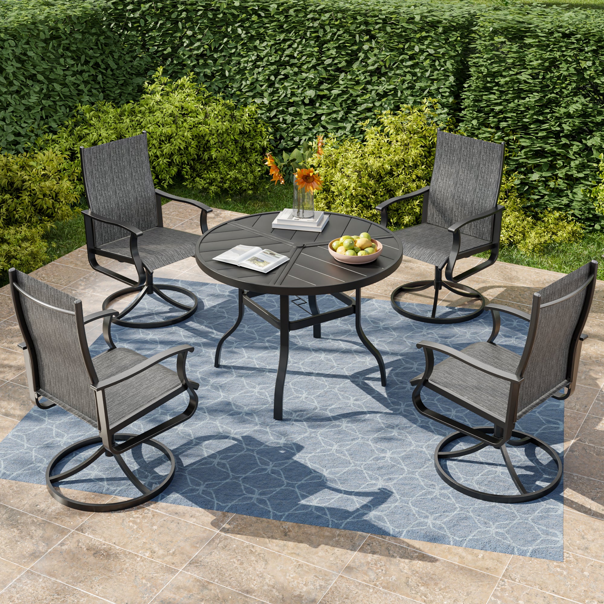 UDPATIO 5 Piece Outdoor Patio Dining Set with 39" Round Table & 4 Outdoor Swivel Rocker Dining Chairs with All Weather Textilene High Back & Metal Frame, Outdoor Table and Chair Set for Lawn, Backyard
