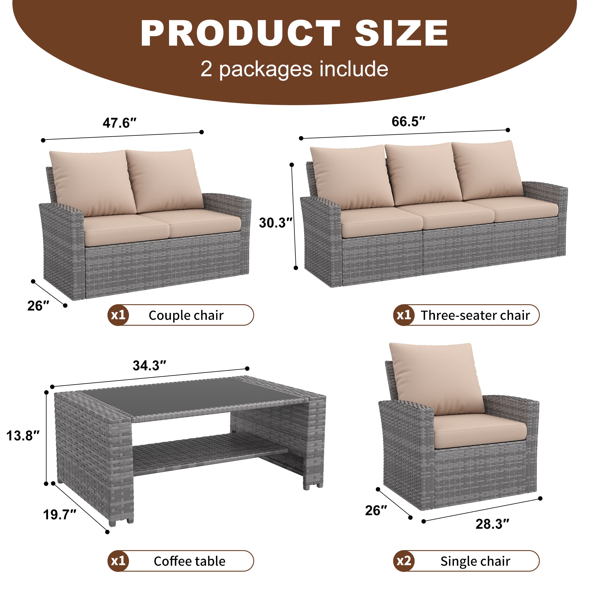 UDPATIO Wicker Patio Furniture Set，Gray PE Rattan Patio Sofa Set with coffee table，Multi-person Outdoor Sectional Conversation Sets for Balcony, Porch, Backyard, Beige