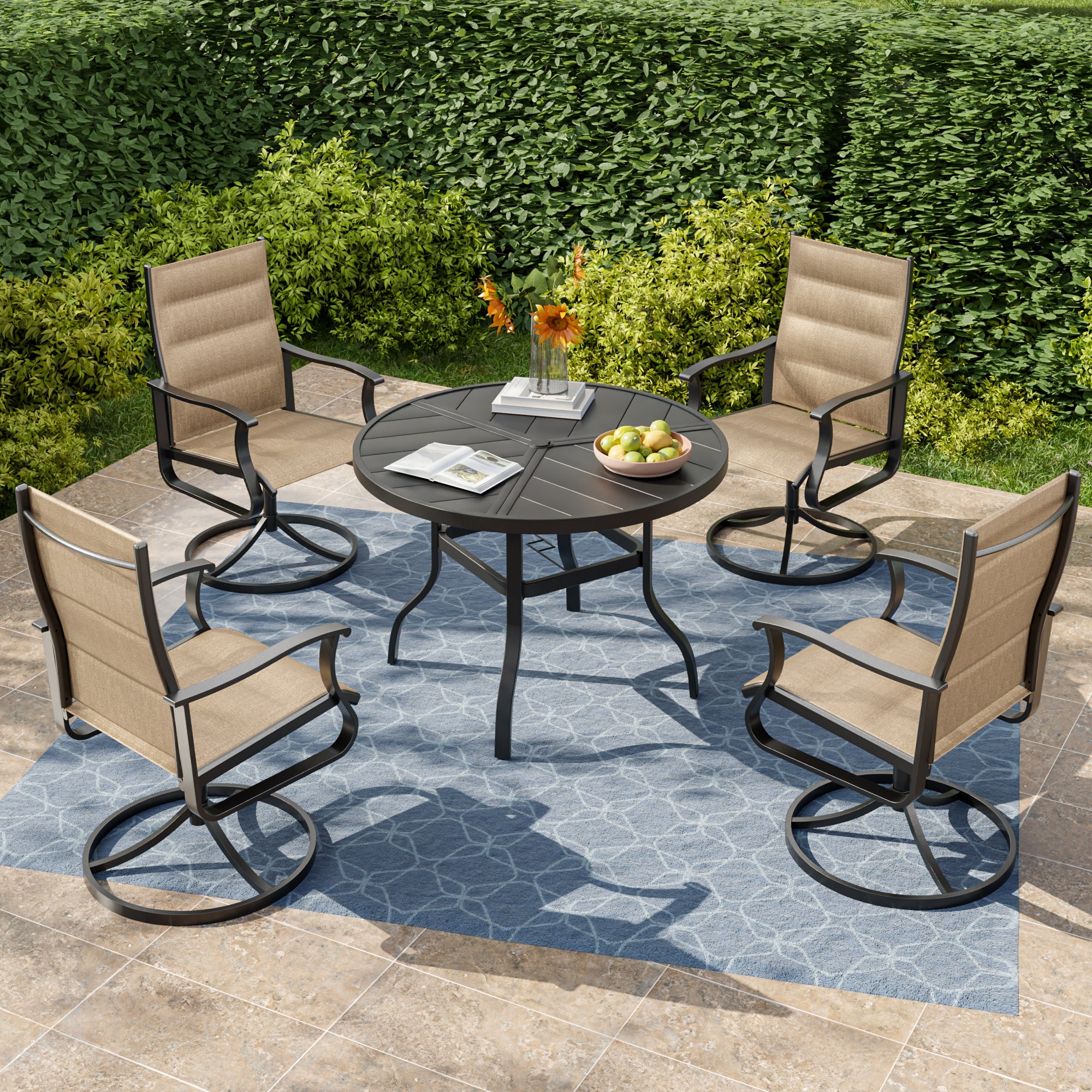 UDPATIO 5 Piece Outdoor Patio Dining Set, Outdoor Table and Chair Set, 39" Round Table with Umbrella Hole & 4 Outdoor Swivel Rocker Dining Chairs, Patio Outside Furniture Set for Lawn, Deck, Yard
