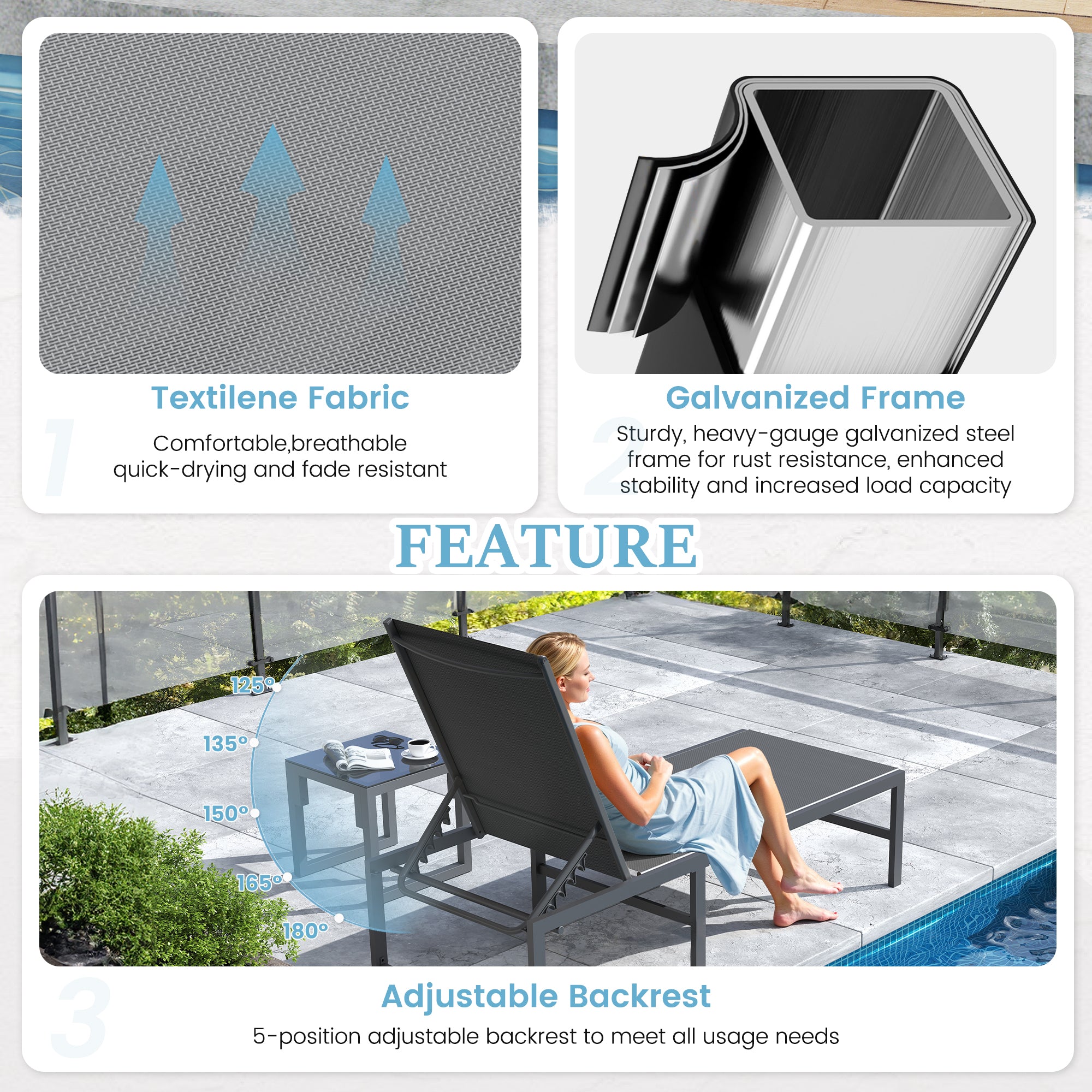 Outdoor Lounge Chair Pool Chaise Chairs Adjustable Patio Lounger for Poolside Lawn Lay Flat Sunbathing Backrest for Deck, Beach, Yard(Grey)