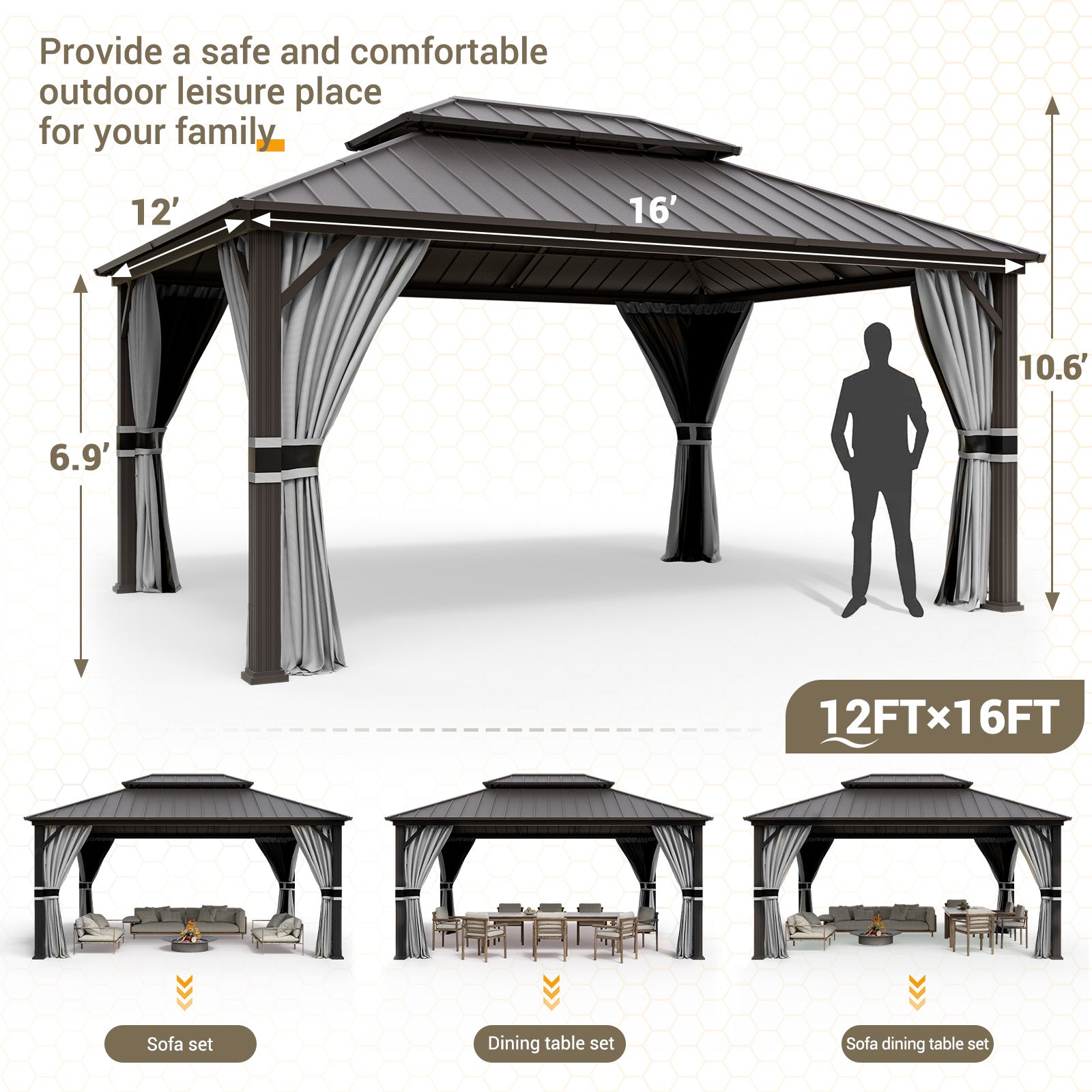 UDPATIO 12' x 16' Hardtop Gazebo,Aluminum Frame Galvanized Steel Double Roof Permanent Gazebo, Outdoor Metal Gazebos with Mosquito Netting and Curtains for Garden, Parties, Patio, Deck, Lawns, Grey