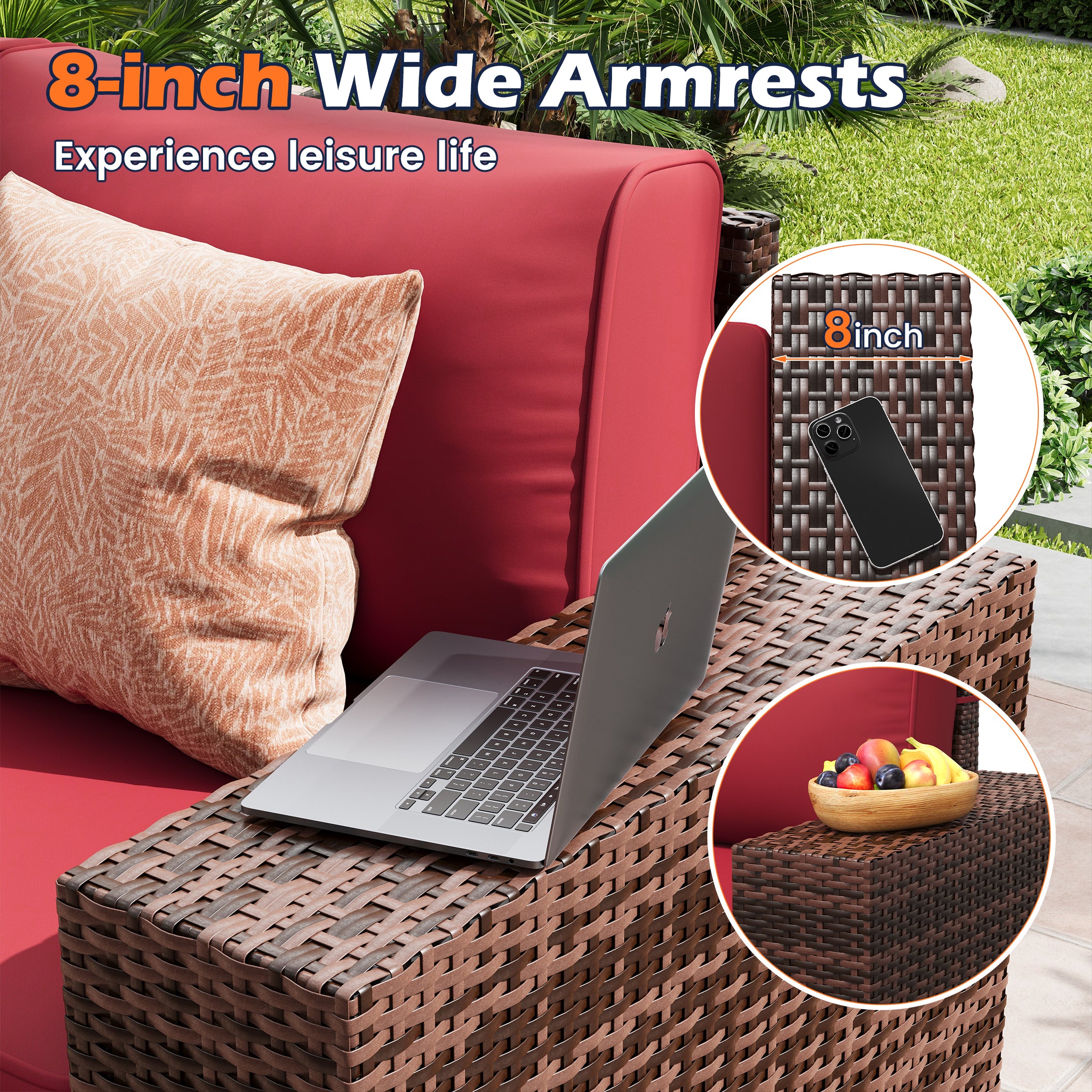 UDPATIO 6-Piece Patio Furniture Set, Outdoor Patio Sofa Set With Wide Armrest, All-Weather Wicker Rattan Guest Set With Cushion And Glass Table And Waterproof Cover,Brown & Wine Red