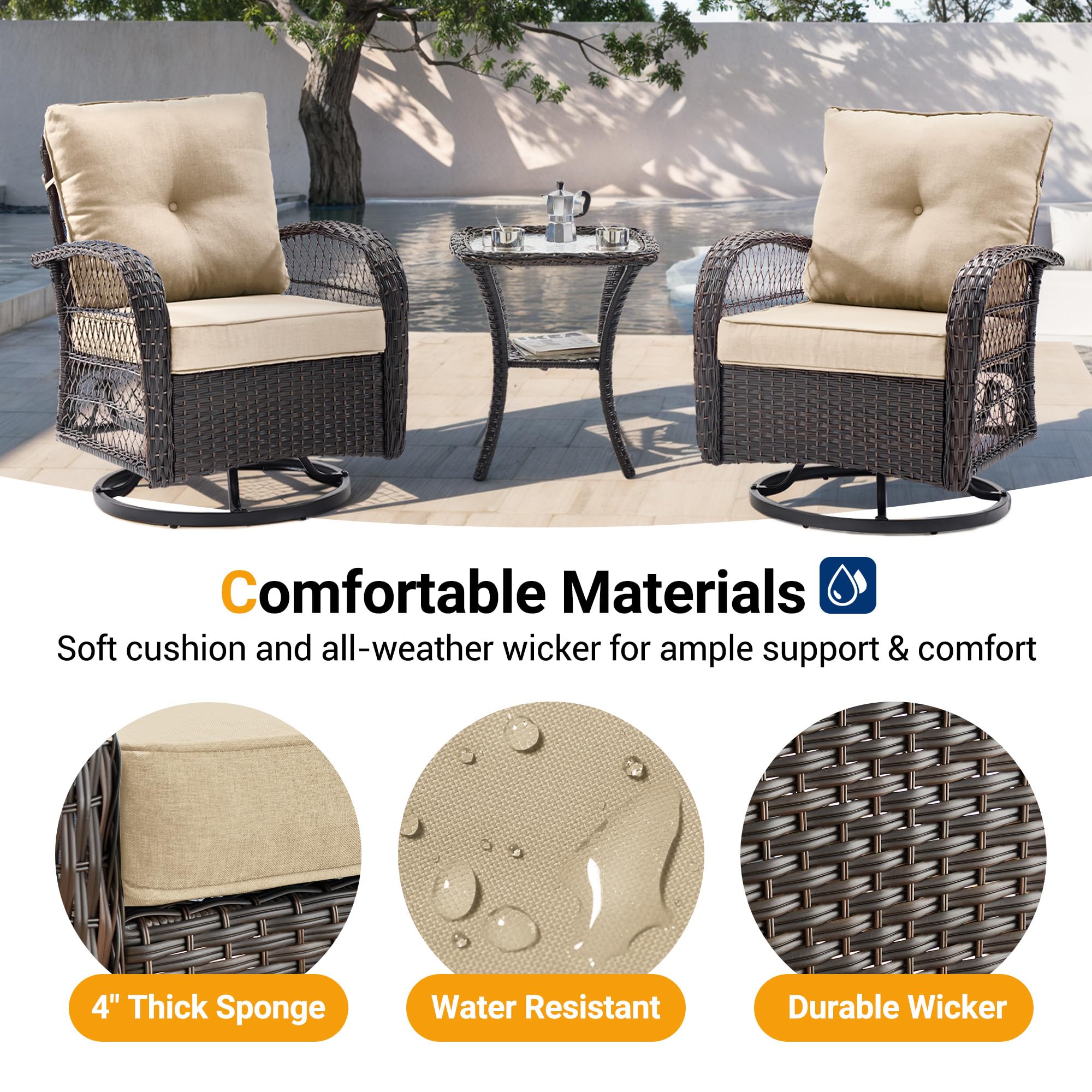 UDPATIO 3 Pieces Patio Furniture Set, Outdoor Swivel Rocker Patio Chairs Set of 2, All-Weather PE Wicker Glider Chairs with Thick Cushions and Glass Coffee Table，for Porch Deck Backyard