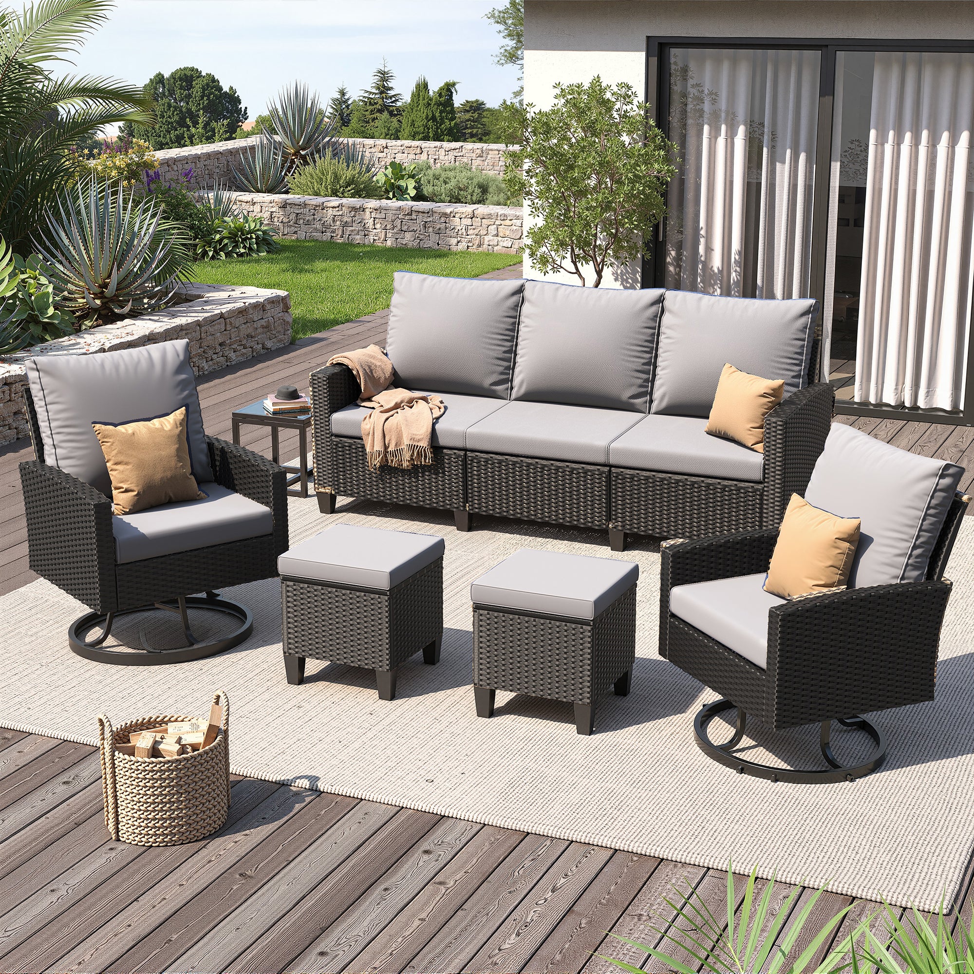 UDPATIO Patio Furniture Set, 6 Pieces Outdoor Conversation Sets with Swivel Chairs, All-Weather Wicker Rattan Patio Sofa with Ottomans and Glass Side Table for Backyard, Deck, Porch, Grey/Black