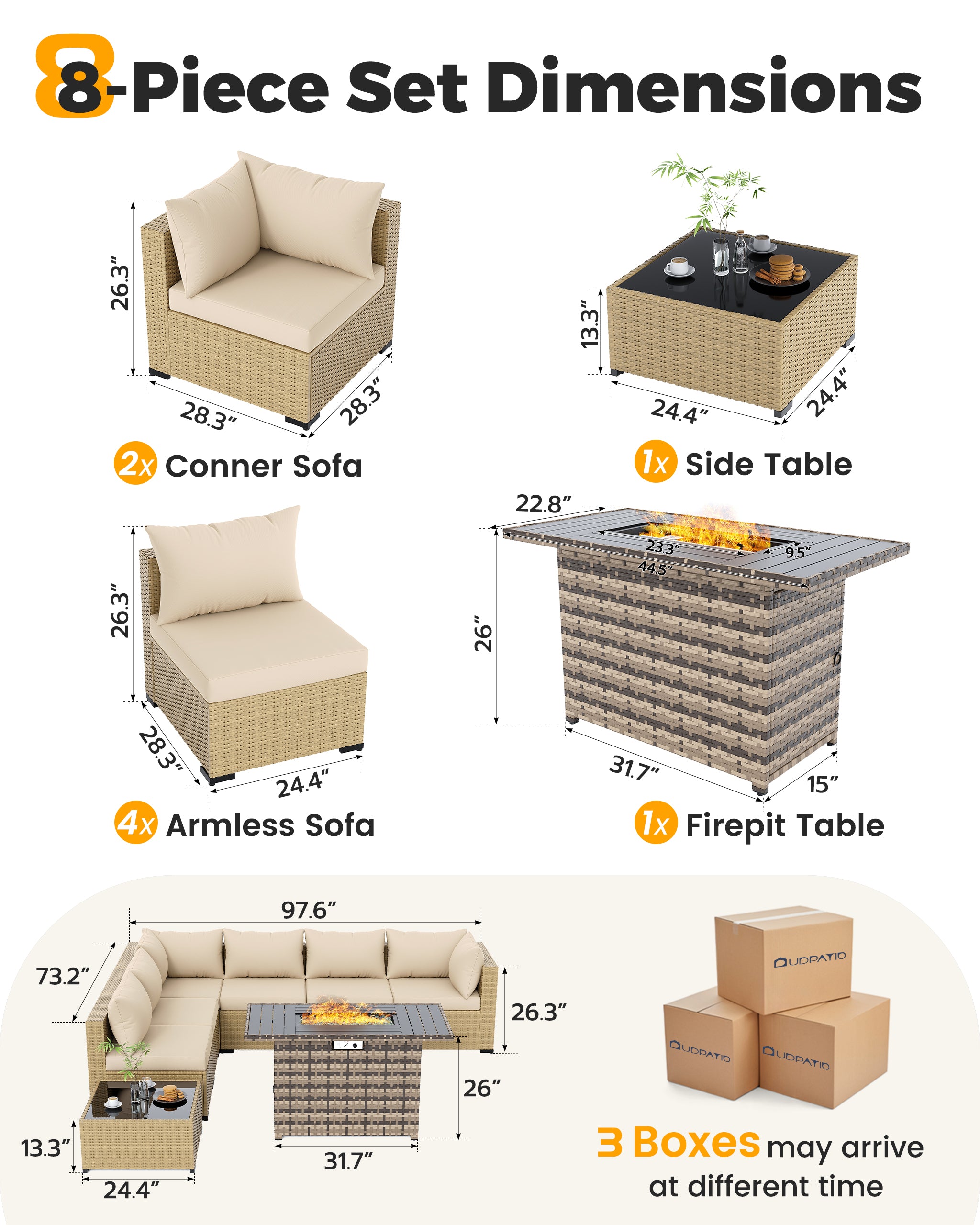 UDPATIO Furniture Set with Fire Pit Table, 8 Piece Sectional Sofas, All-Weather Wicker Conversation for Garden, Backyard, Beige