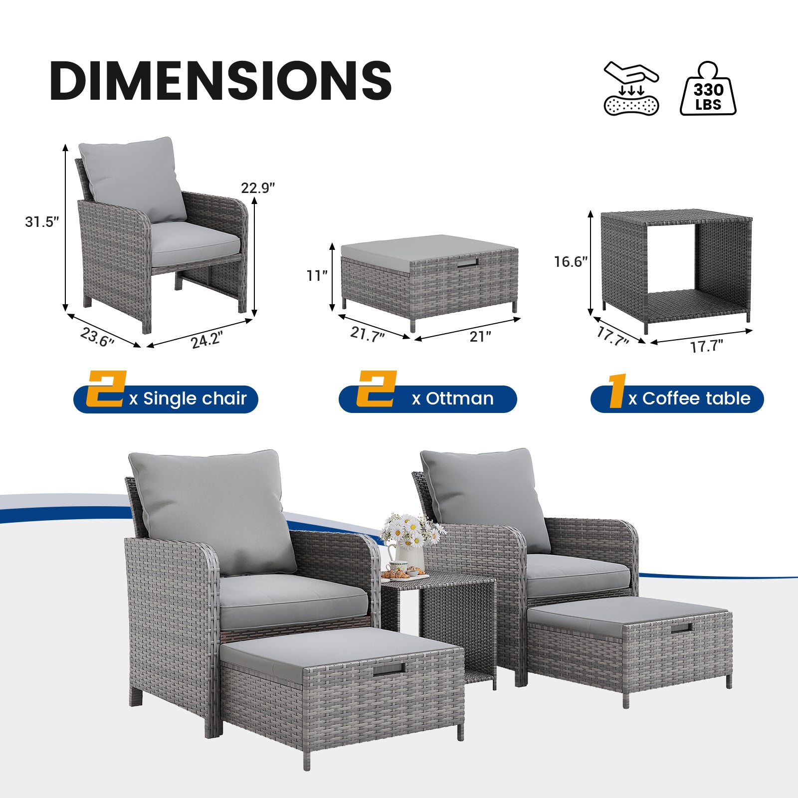 UDPATIO Wicker Patio Chairs with Ottoman Balcony Furniture 5 Pieces Patio Conversation Set with Pull Out Ottoman for Small Space