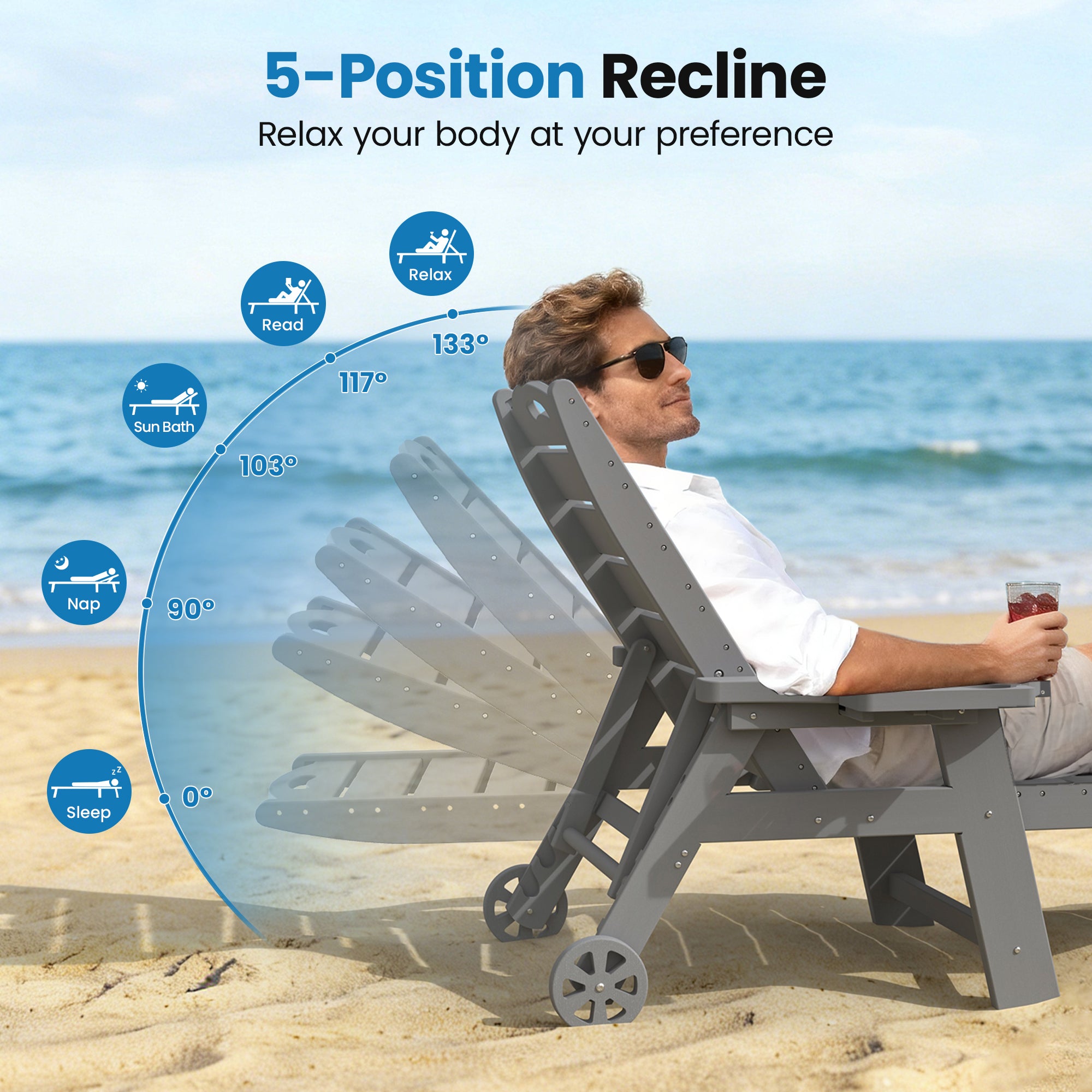 UDPATIO Outdoor Chaise Lounge Chair, HDPE Patio Lounge Chairs for Outside with Wheels & Cup Holder, Reclining Seating with 5 Position for Poolside Deck Garden,Grey,1PC