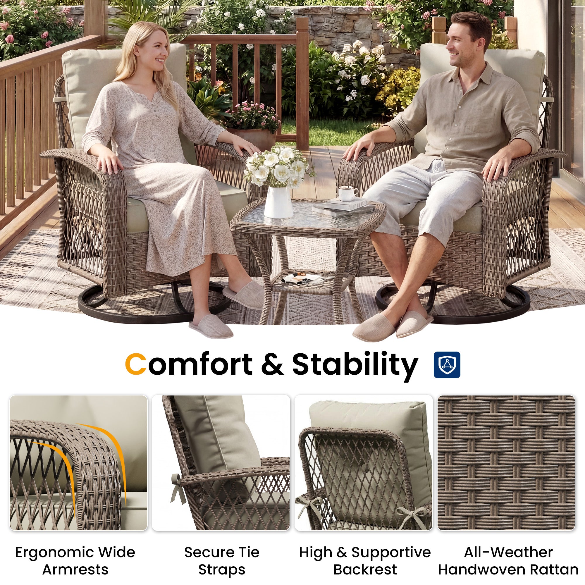 UDAPTIO Swivel Rocker Chair Set 2 with Side Table, 3 Piece Wicker Bistro Set with 4" Water-Resistant Cushions, Outdoor Glider for Front Porch, Patio, Balcony, Beige