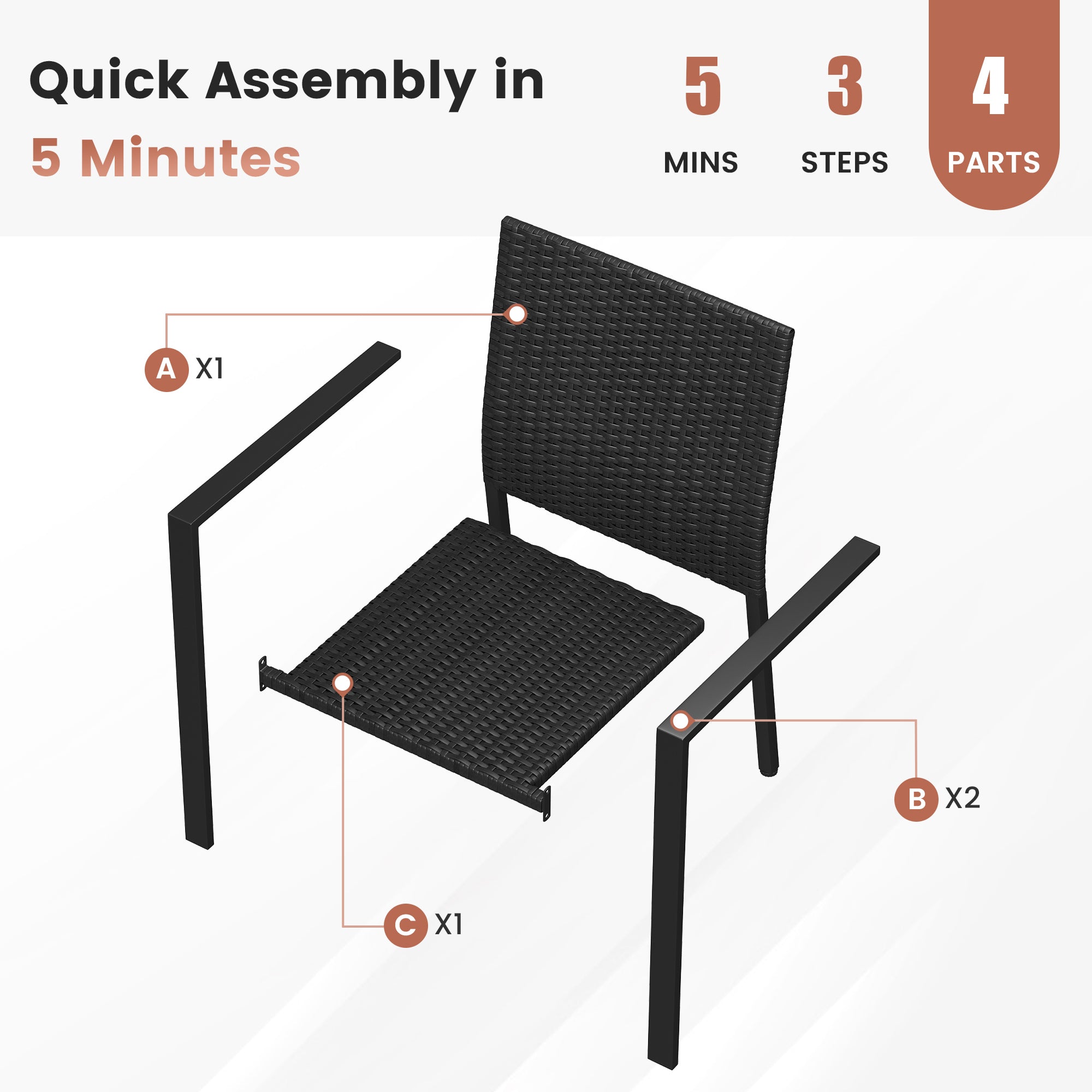 UDPATIO Stackable Patio Chairs Set of 4, Wicker Outdoor Chairs, All-Weather Rattan Dining Chairs with Deep Seat & Armrests, Steel Frame for Patio, Garden, Backyard, Deck, Lawn or Porch, Black