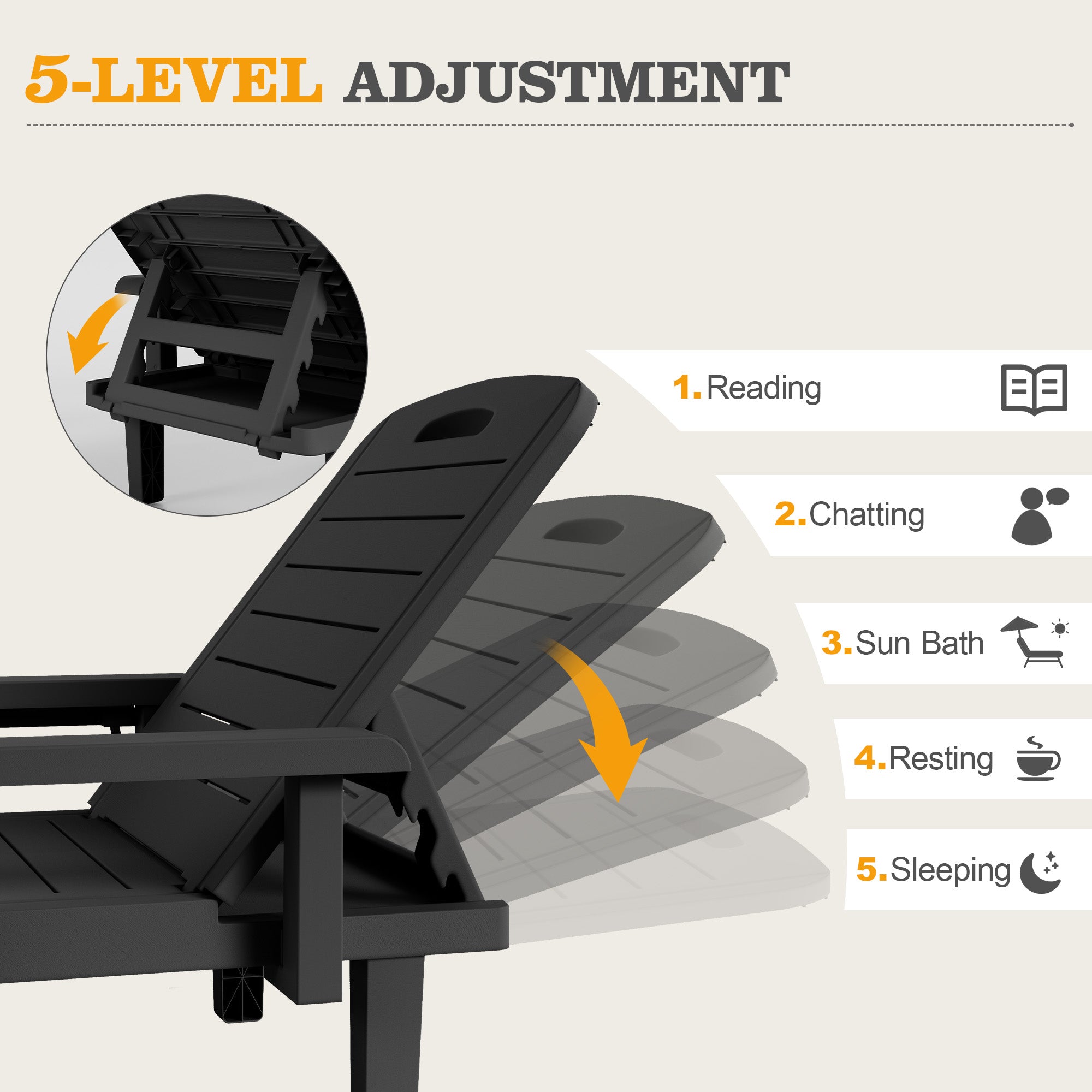 UDPATIO Oversized Pool Lounge Chairs Set of 2, Waterproof Resin Pool Chaise Lounges with Armrests and Cup Holder Tray, 5 Level Adjustable Backrest, for Poolsode, Lawn, Beach, Backyard