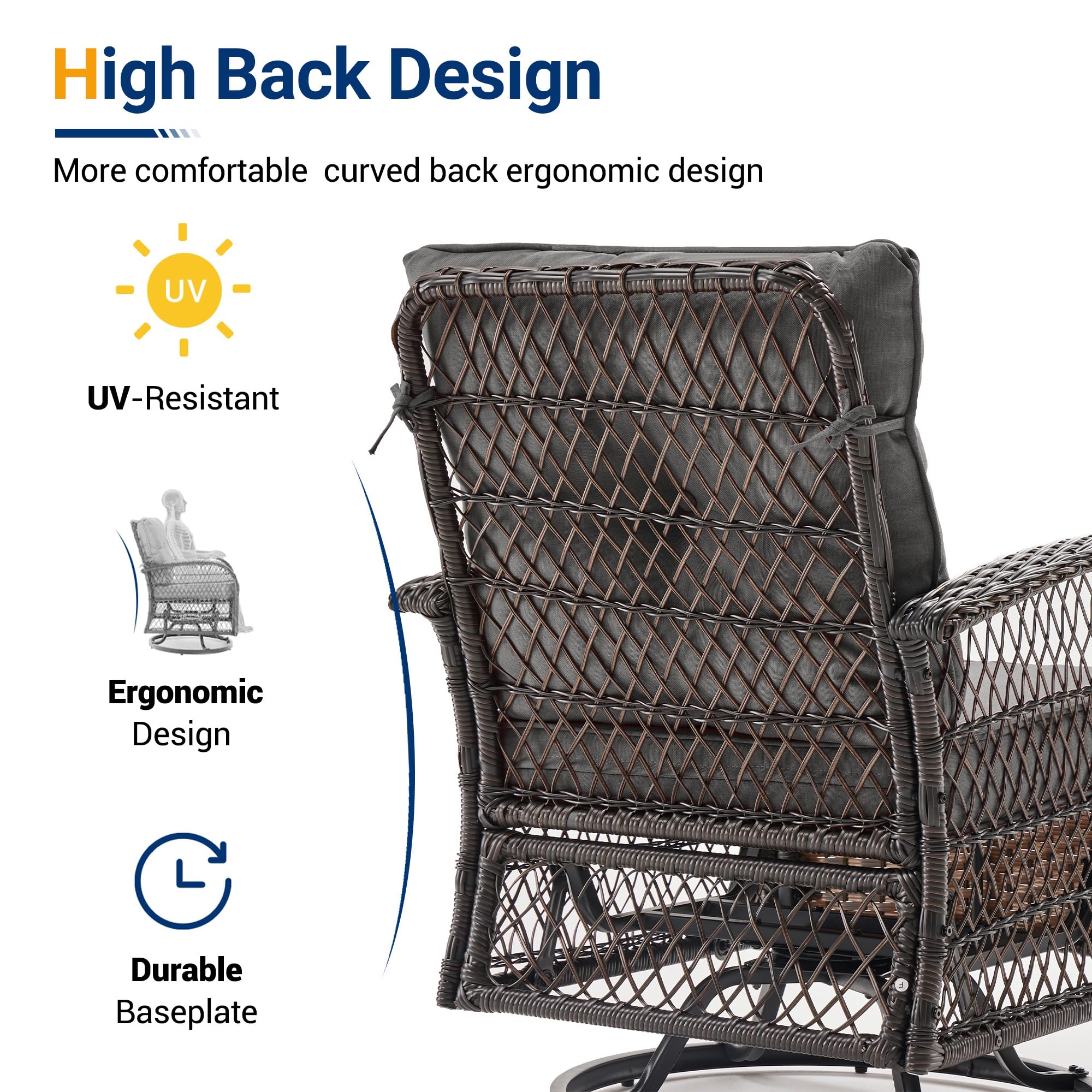 UDPATIO 3 Pieces Patio Furniture Set, Outdoor Swivel Rocker Patio Chairs Set of 2, All-Weather PE Wicker Glider Chairs with Thick Cushions and Glass Coffee Table，for Porch Deck Backyard