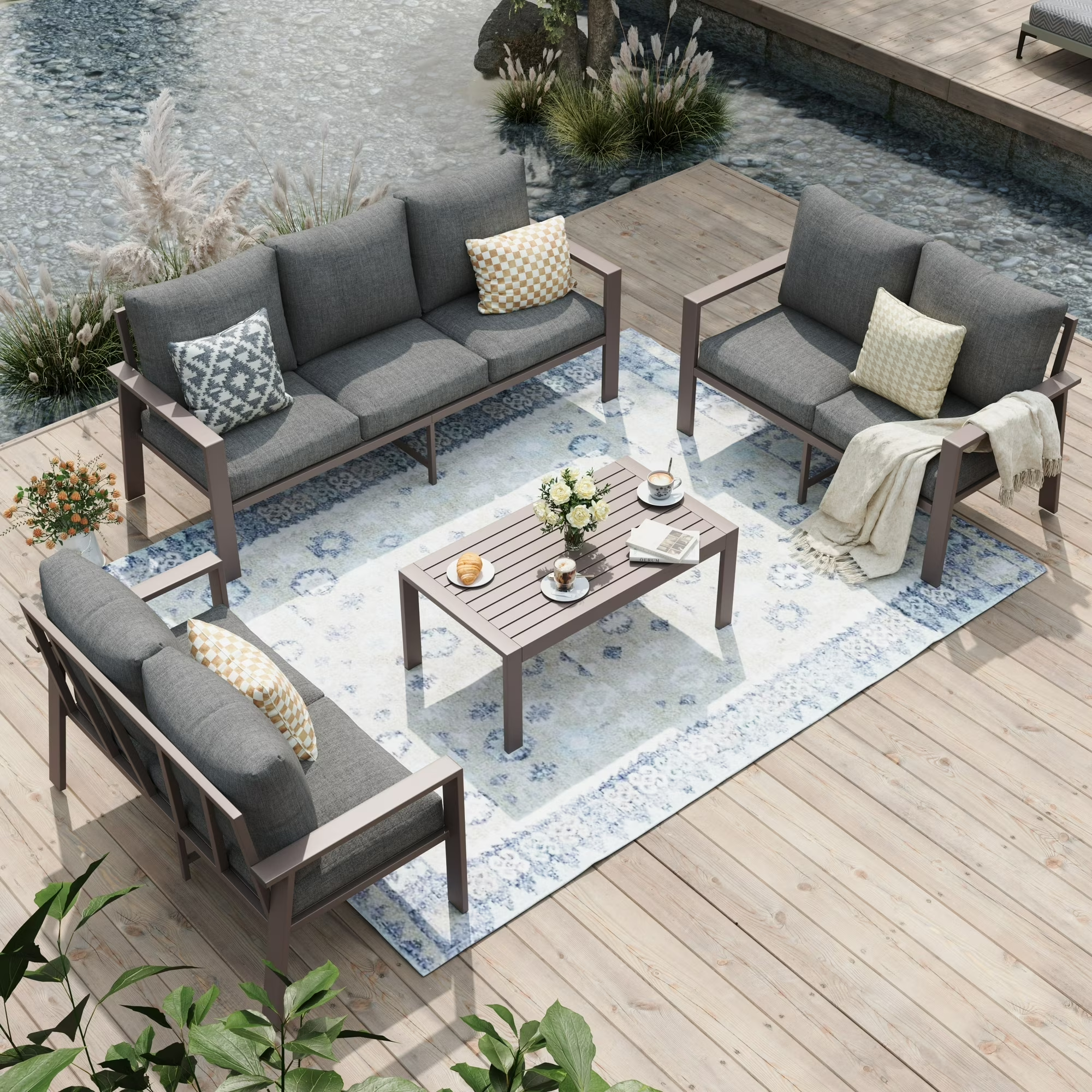 UDPATIO Aluminum Patio Furniture Set, Contemporary Outdoor Couch Set, Aluminum Patio Conversation Set, Gray