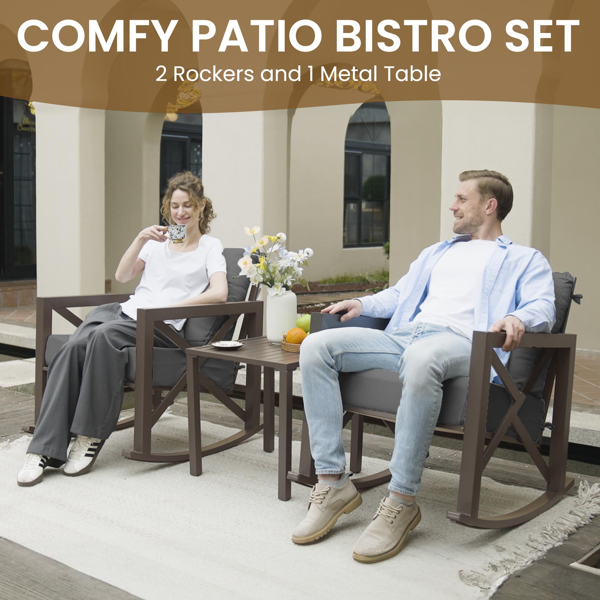 UDPATIO Outdoor Rocking Chair Set 2 with Coffee Table, 3 Piece Metal Patio Furniture Set with 6.5" Water-Resistant Cushions, 350lbs Heavy-Duty, for Porch, Patio, Balcony, Dark Grey