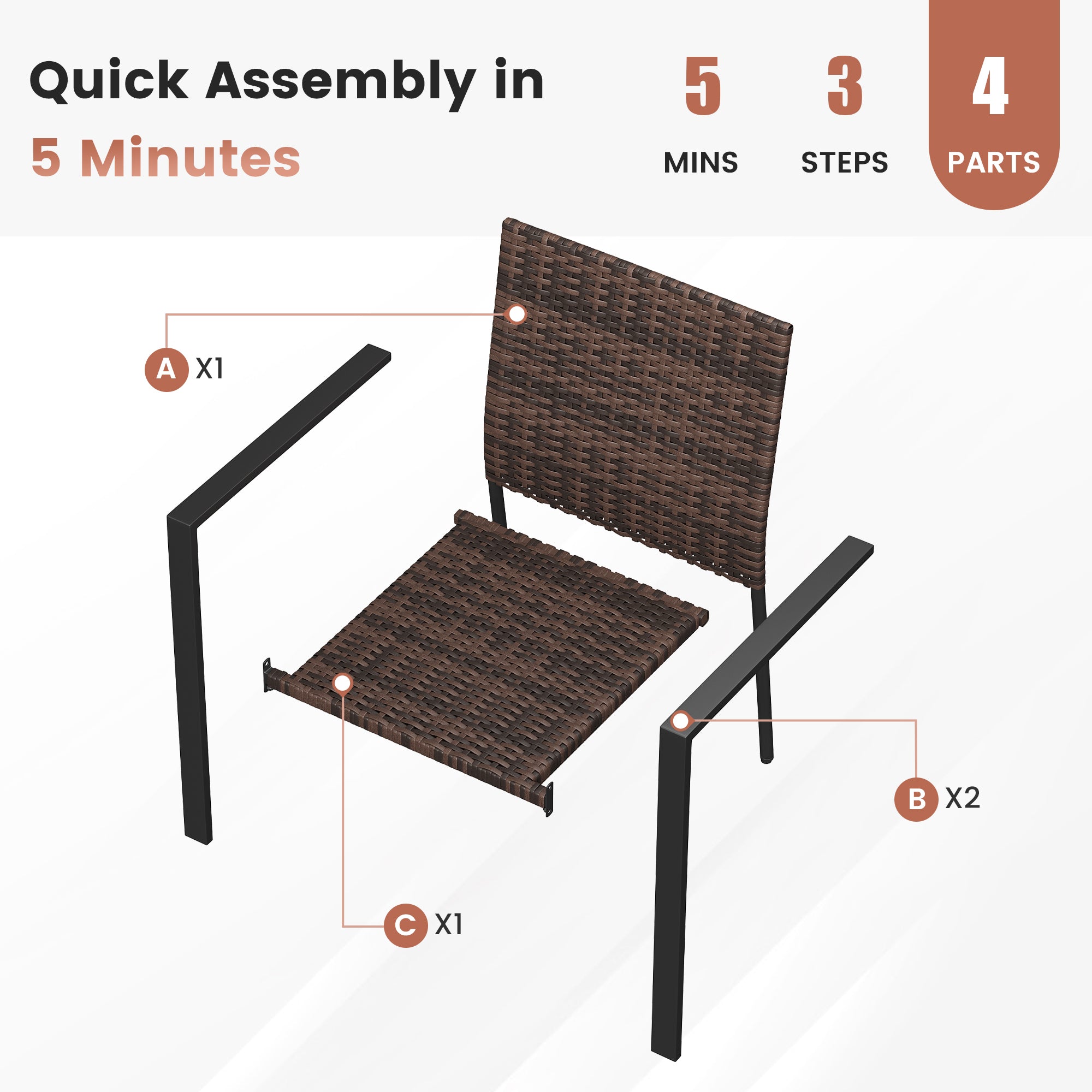 UDPATIO Stackable Patio Chairs Set of 2, Wicker Outdoor Chairs, All-Weather Rattan Dining Chairs with Deep Seat & Armrests, Steel Frame for Patio, Garden, Backyard, Deck, Lawn or Porch, Brown