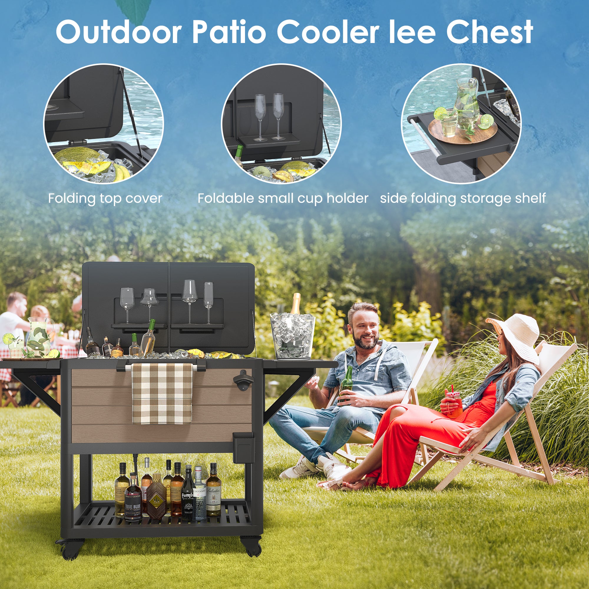 Patio Cooler Cart with Wheels, 104 Qt Portable Rolling Ice Chest, Outdoor Beverage Bar Cart with Handles for Pool, Deck, BBQ, Cookouts Party-Brown