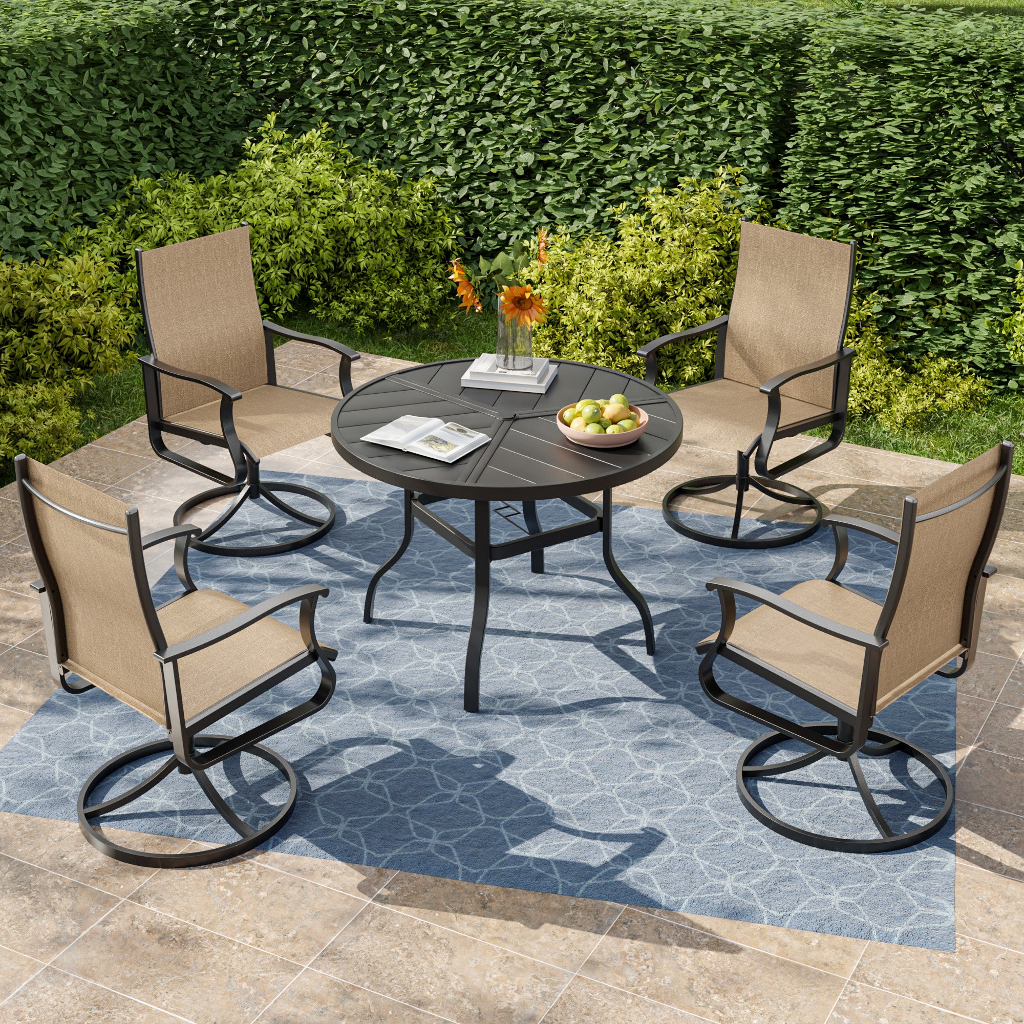 UDPATIO 5 Piece Outdoor Patio Dining Set with 39" Round Table & 4 Outdoor Swivel Rocker Dining Chairs with All Weather Textilene High Back & Metal Frame, Outdoor Table and Chair Set for Lawn, Backyard