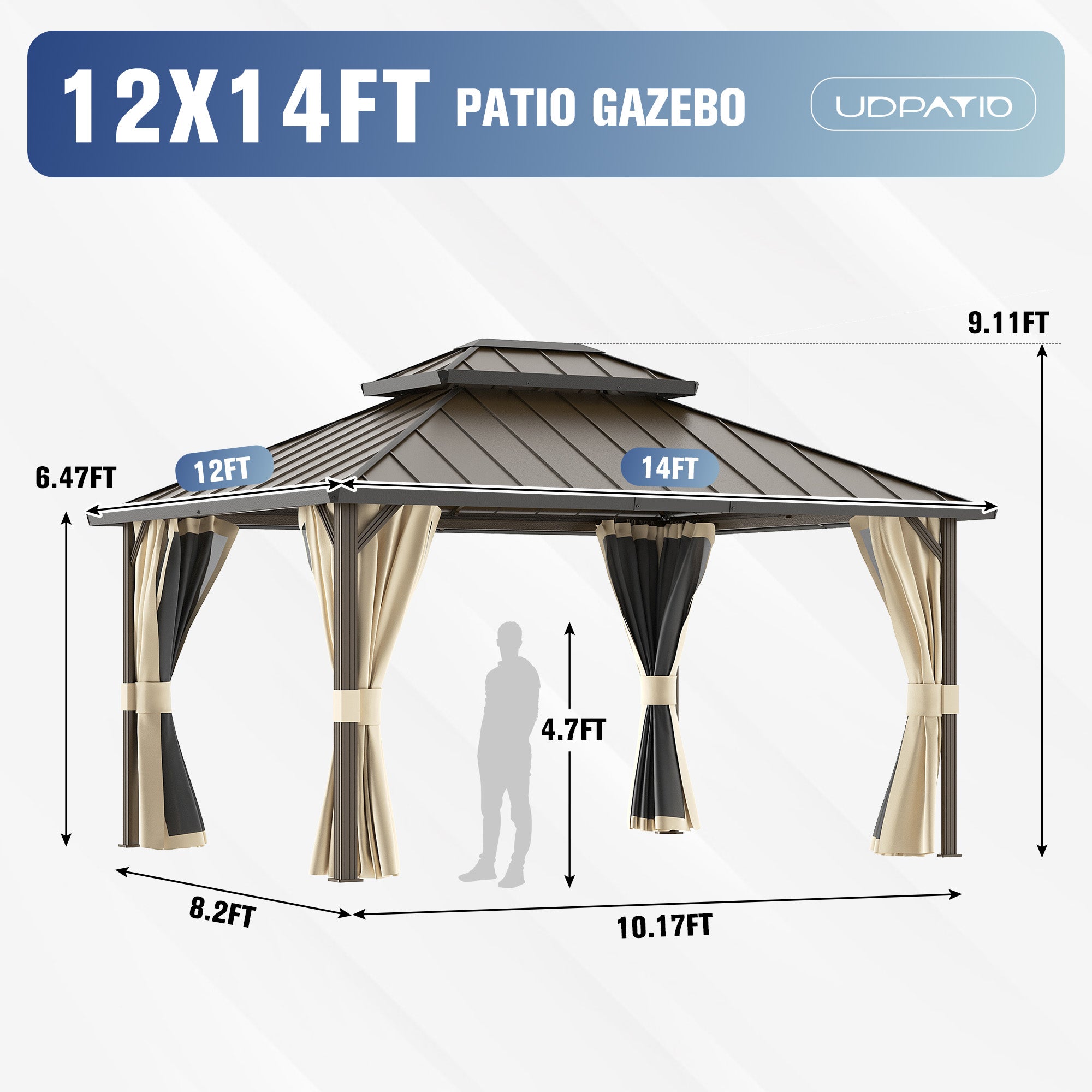 DPATIO 12'x16' Hardtop Aluminum Outdoor Gazebo with Double Roof, Beige