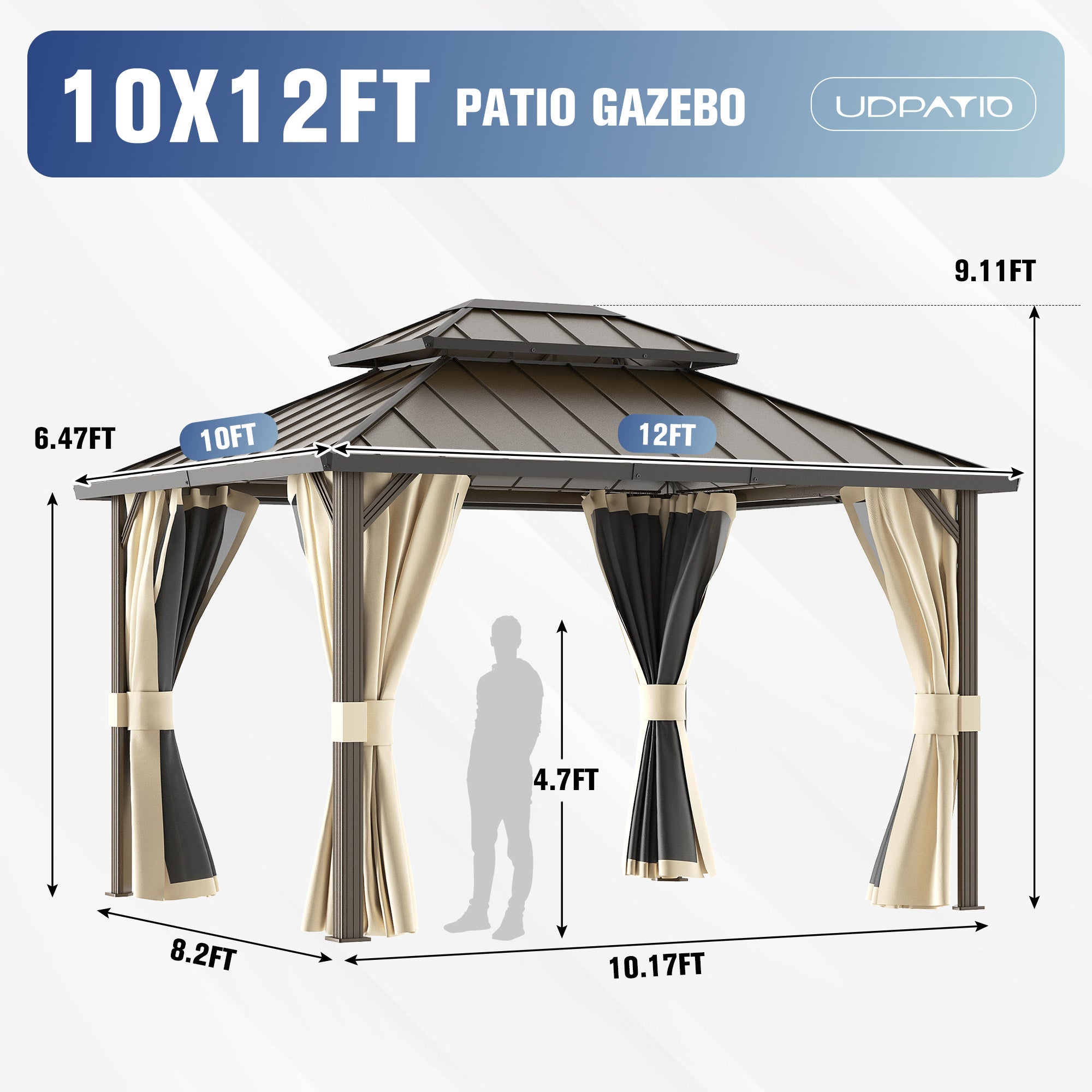 UDPATIO 10x12 Hardtop Permanent Gazebo Aluminum Frame & Double Roof,Beige