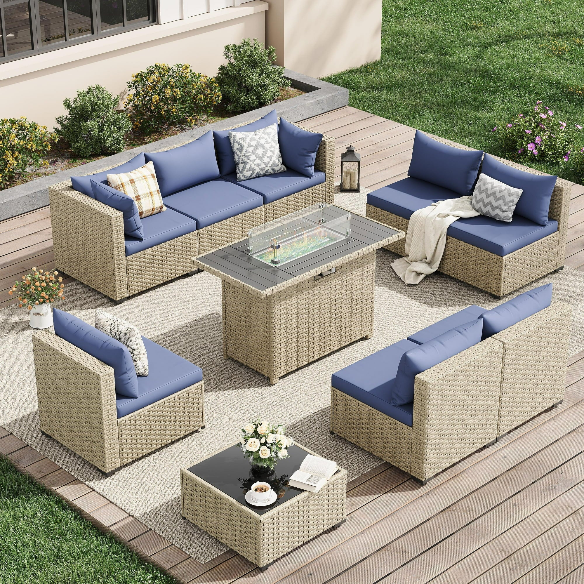 UDPATIO 9 Pieces Outdoor Patio Furniture Set with 44" Fire Pit Table, Outdoor Wicker Patio Conversation Set with Cushions for Backyard, Porch, Garden(Navy Blue)