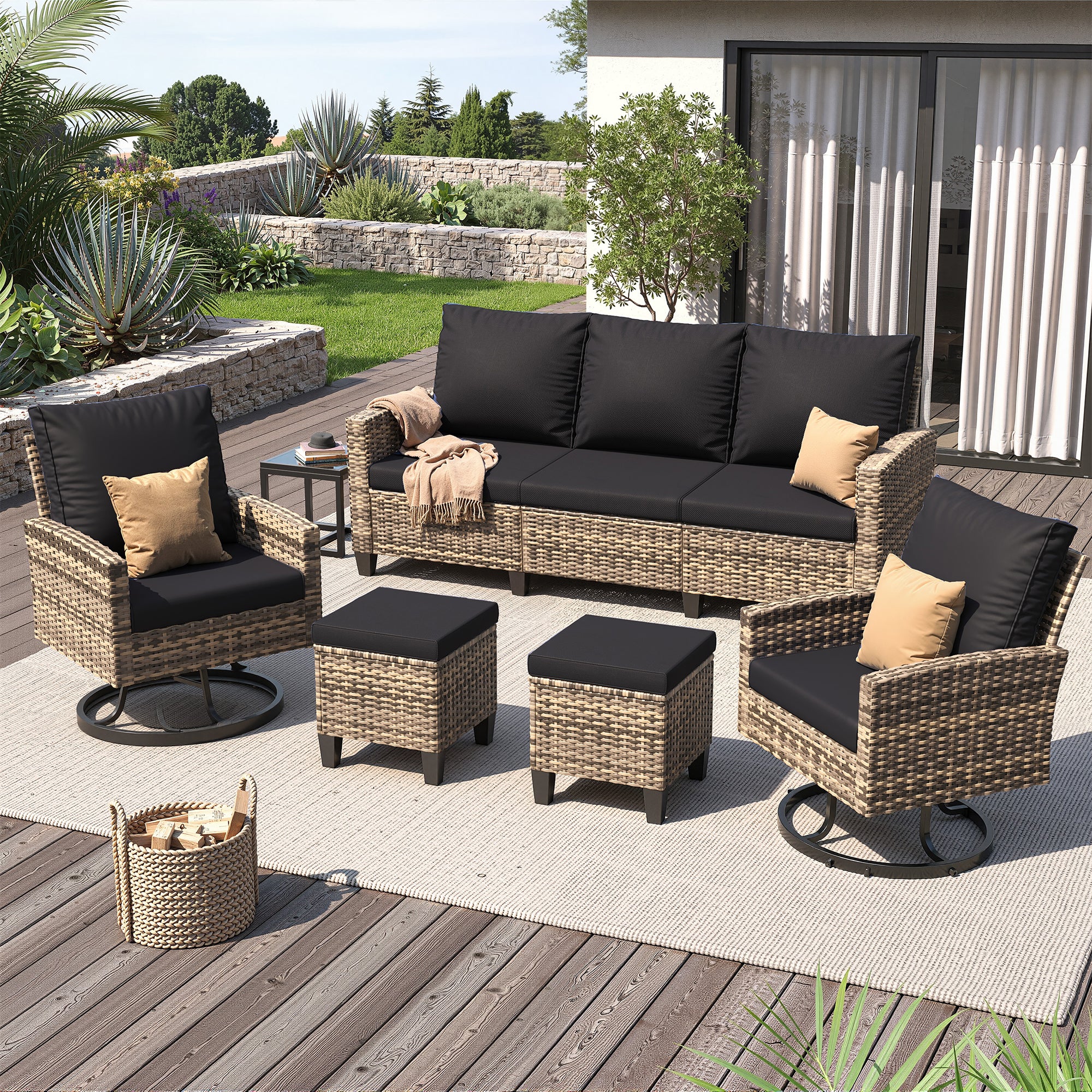 UDPATIO Patio Furniture Set, 6 Pieces Outdoor Conversation Sets with Swivel Chairs, All-Weather Wicker Rattan Patio Sofa with Ottomans and Glass Side Table for Backyard, Deck, Porch, Black/Yellow
