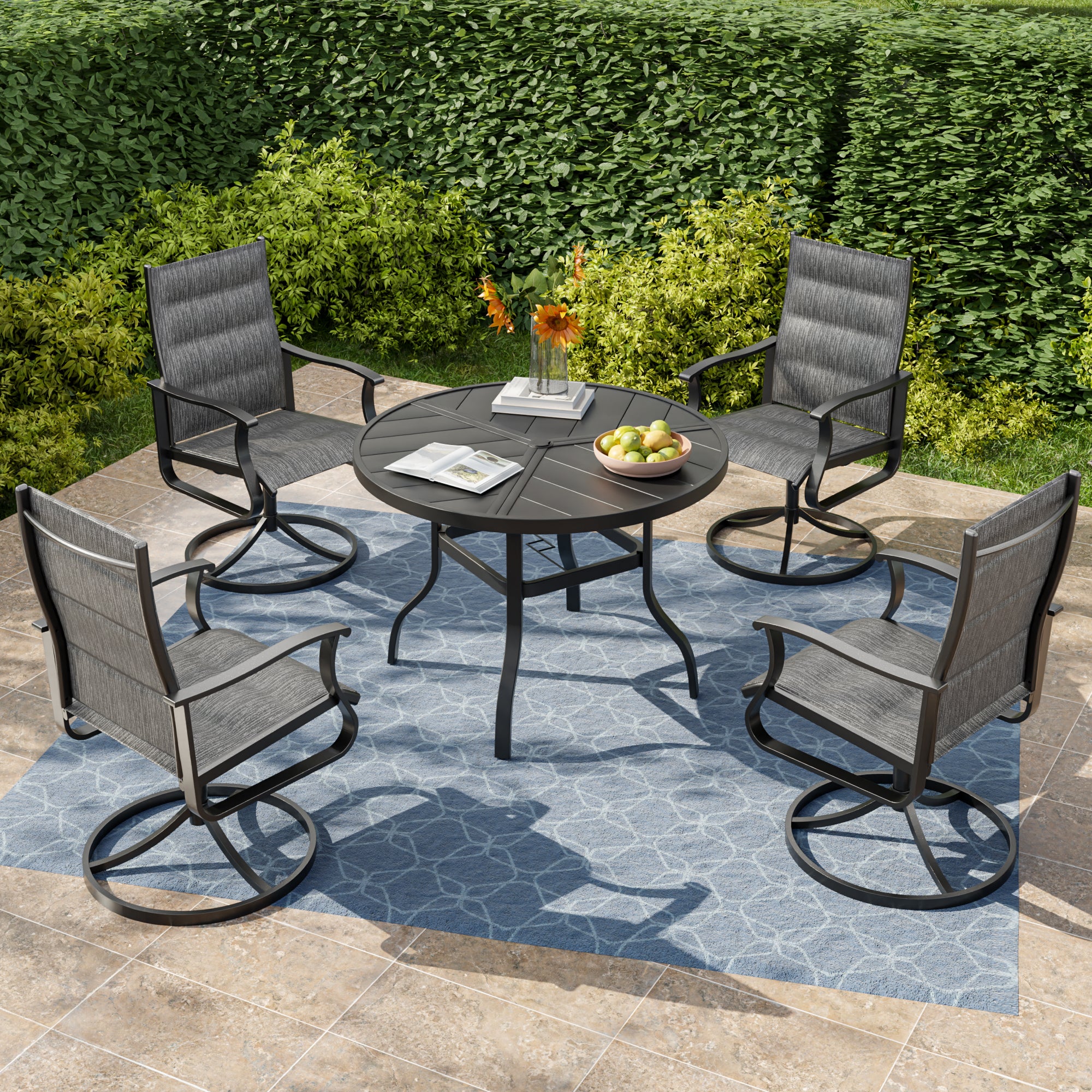 UDPATIO 5 Piece Outdoor Patio Dining Set, Outdoor Table and Chair Set, 39" Round Table with Umbrella Hole & 4 Outdoor Swivel Rocker Dining Chairs, Patio Outside Furniture Set for Lawn, Deck, Yard