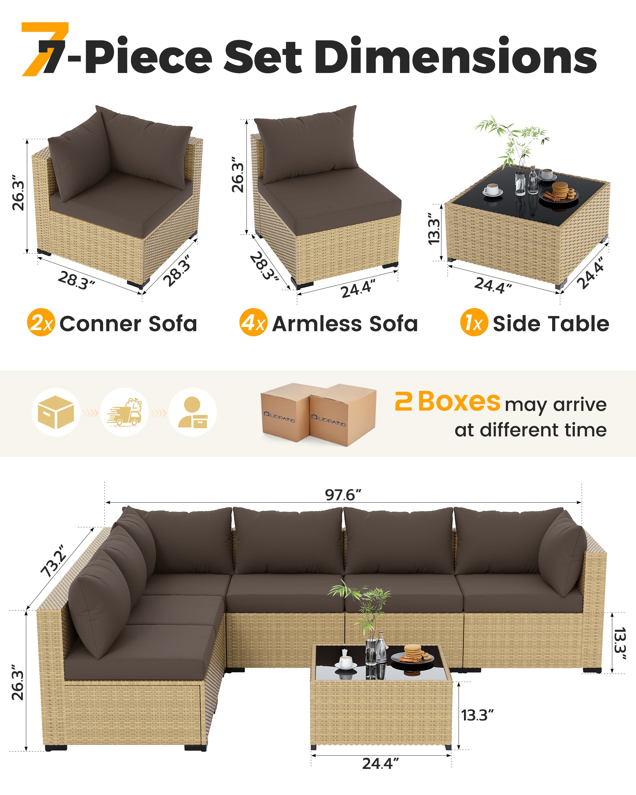 UDPATIO Furniture Set, 7 Piece Sectional Sofas with Wicker Coffee Table, Conversation for Garden, Backyard, Brown