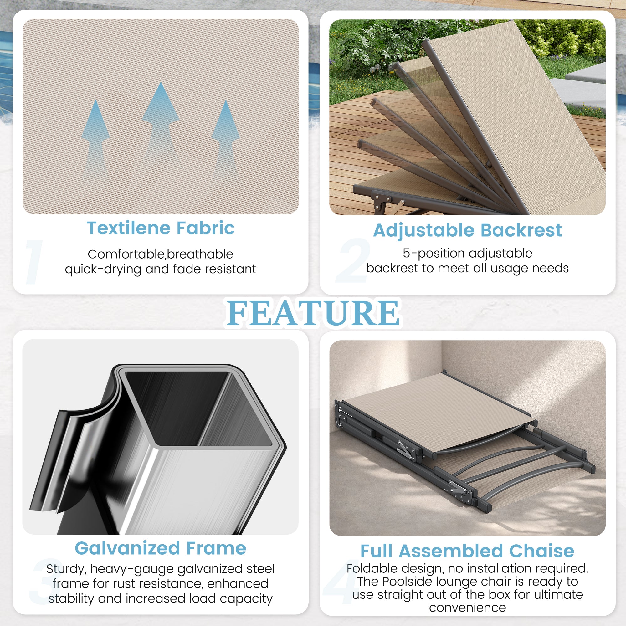 Outdoor Foldable Lounge Chair Pool Chaise Chairs for Outside, Adjustable Lounger for Poolside Lawn Deck Lay Flat Sunbathing Backrest for Patio, Beach, Yard(Brown)