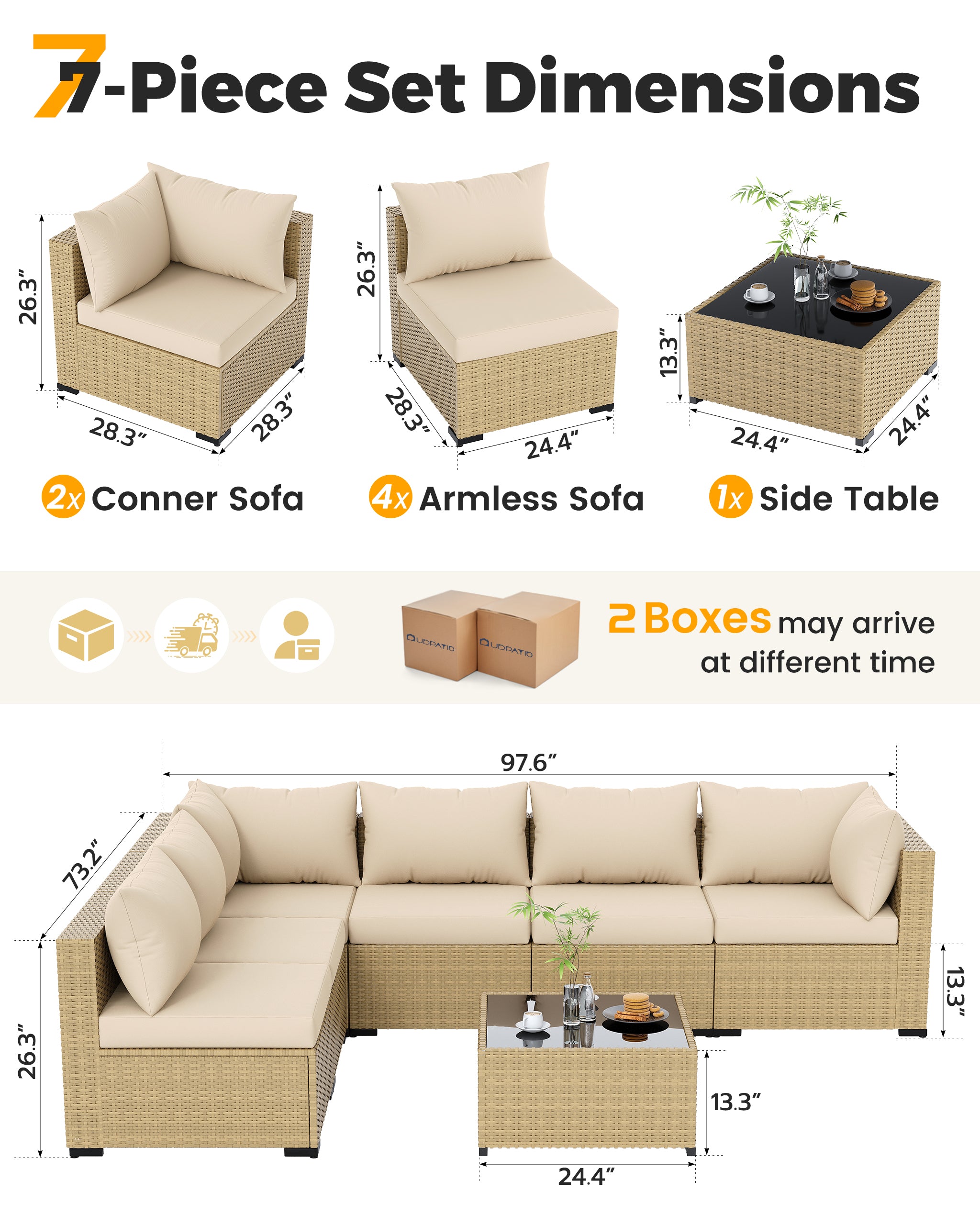 UDPATIO Furniture Set, 7 Piece Sectional Sofas with Wicker Coffee Table, Conversation for Garden, Backyard, Beige