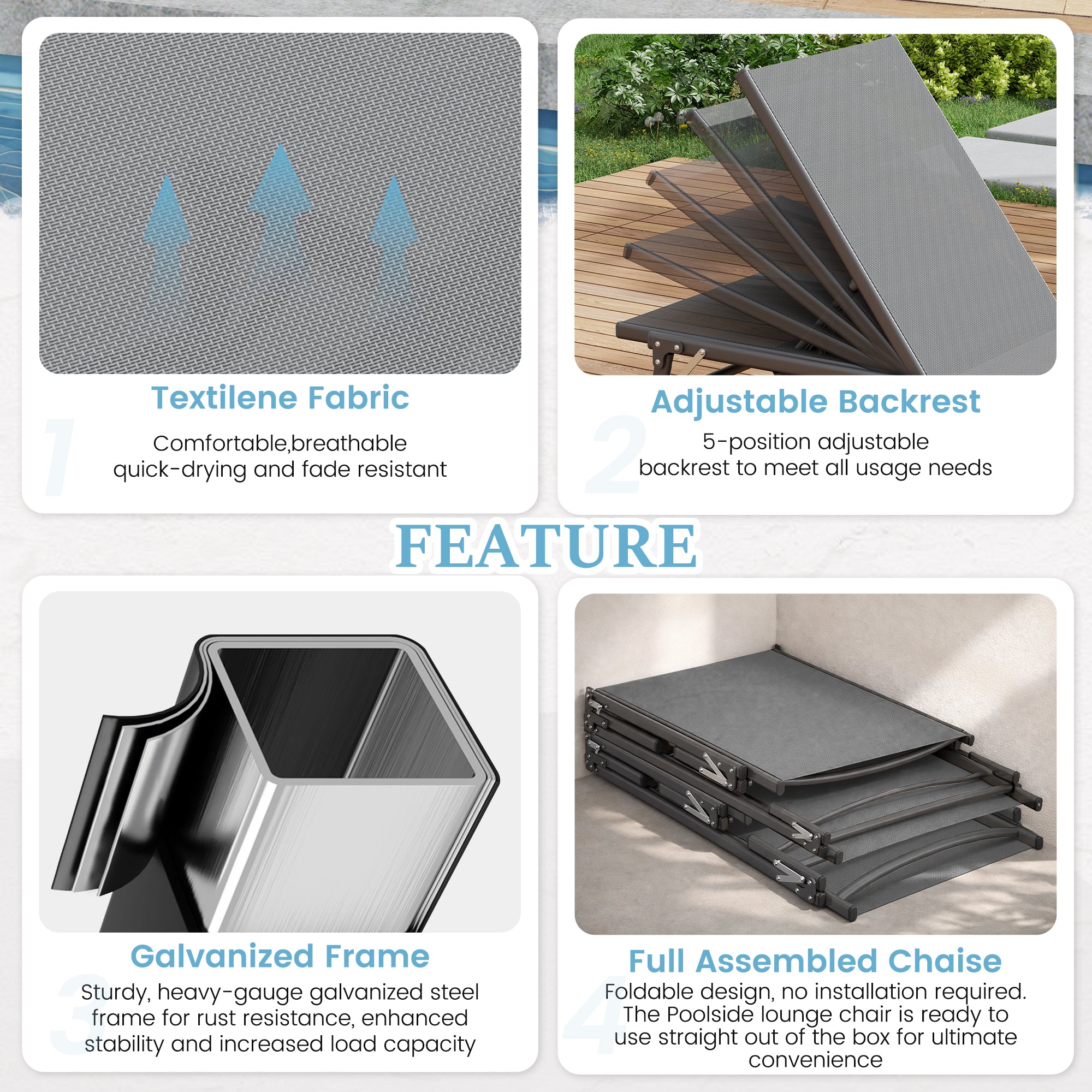 Outdoor Foldable Lounge Chair Pool Chaise Chairs for Outside, Adjustable Lounger for Poolside Lawn Deck Lay Flat Sunbathing Backrest for Patio, Beach, Yard(Grey)