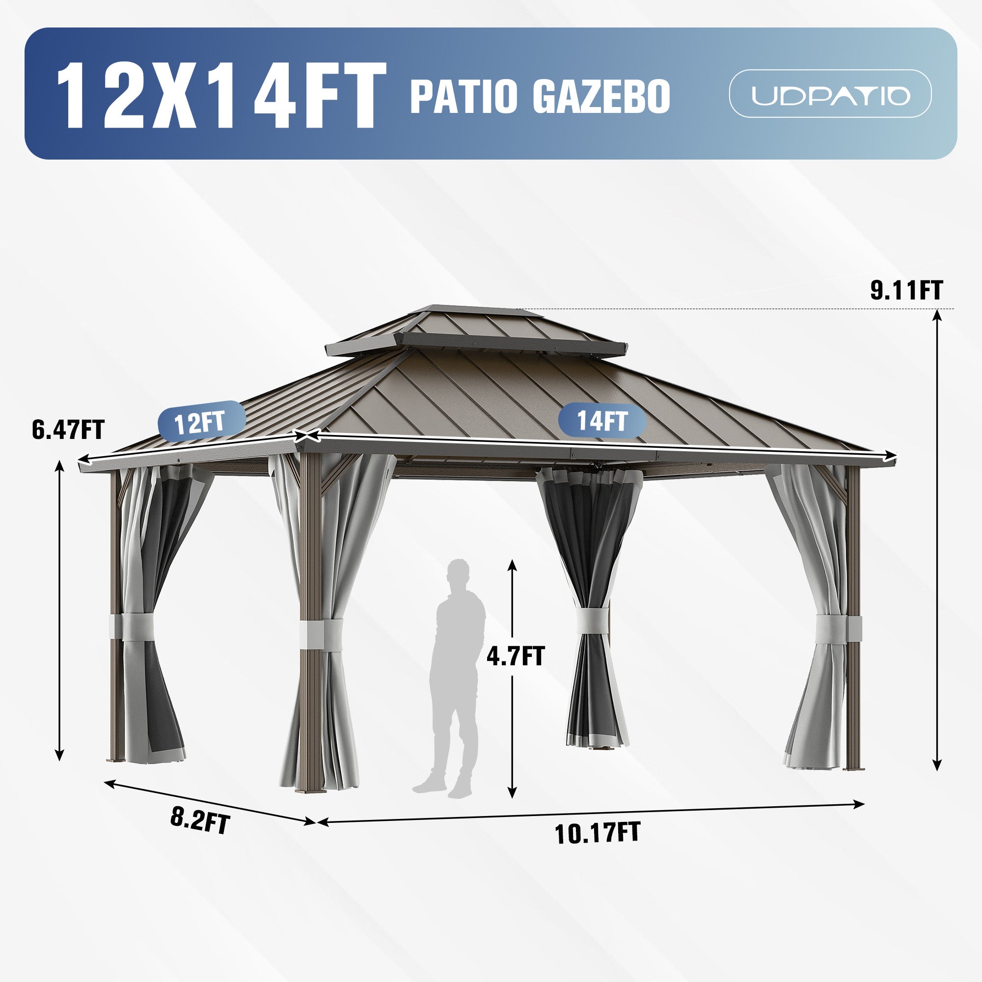 DPATIO 12'x16' Hardtop Aluminum Outdoor Gazebo with Double Roof, Gray