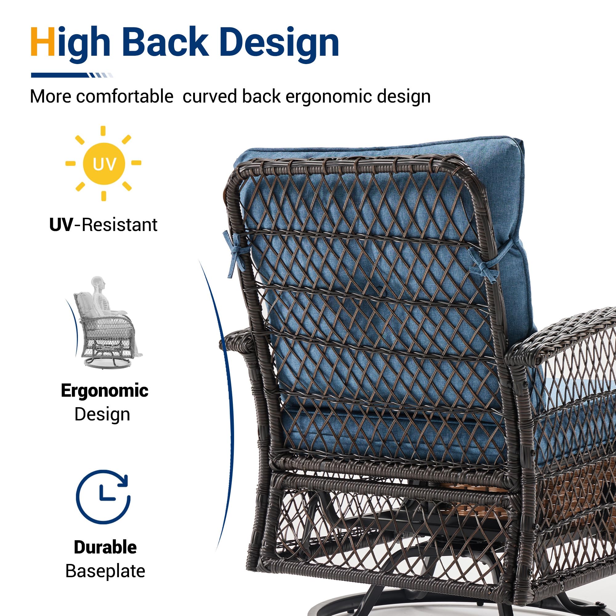 UDPATIO 3 Pieces Patio Furniture Set, Outdoor Swivel Rocker Patio Chairs Set of 2, All-Weather PE Wicker Glider Chairs with Thick Cushions and Glass Coffee Table，for Porch Deck Backyard