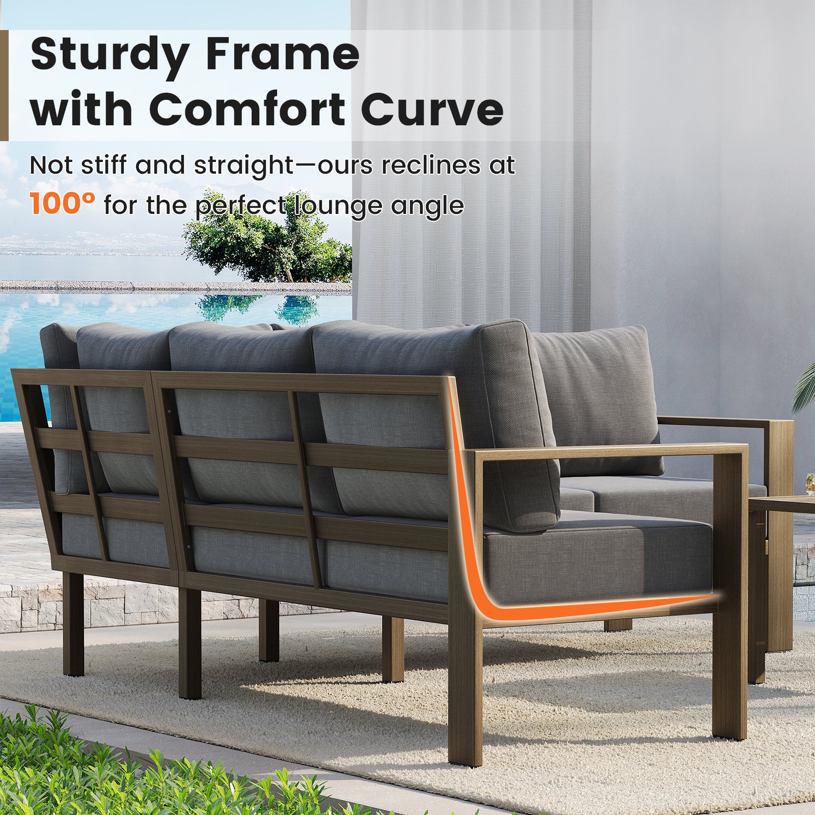 UDPATIO 6 Piece Patio Furniture Set, Faux Wood Metal Outdoor Sectional Sofa with 6" Thick Olefin Cushions, Wide Armrest & Coffee Table, L Shaped Outdoor Furniture for Garden, Backyard