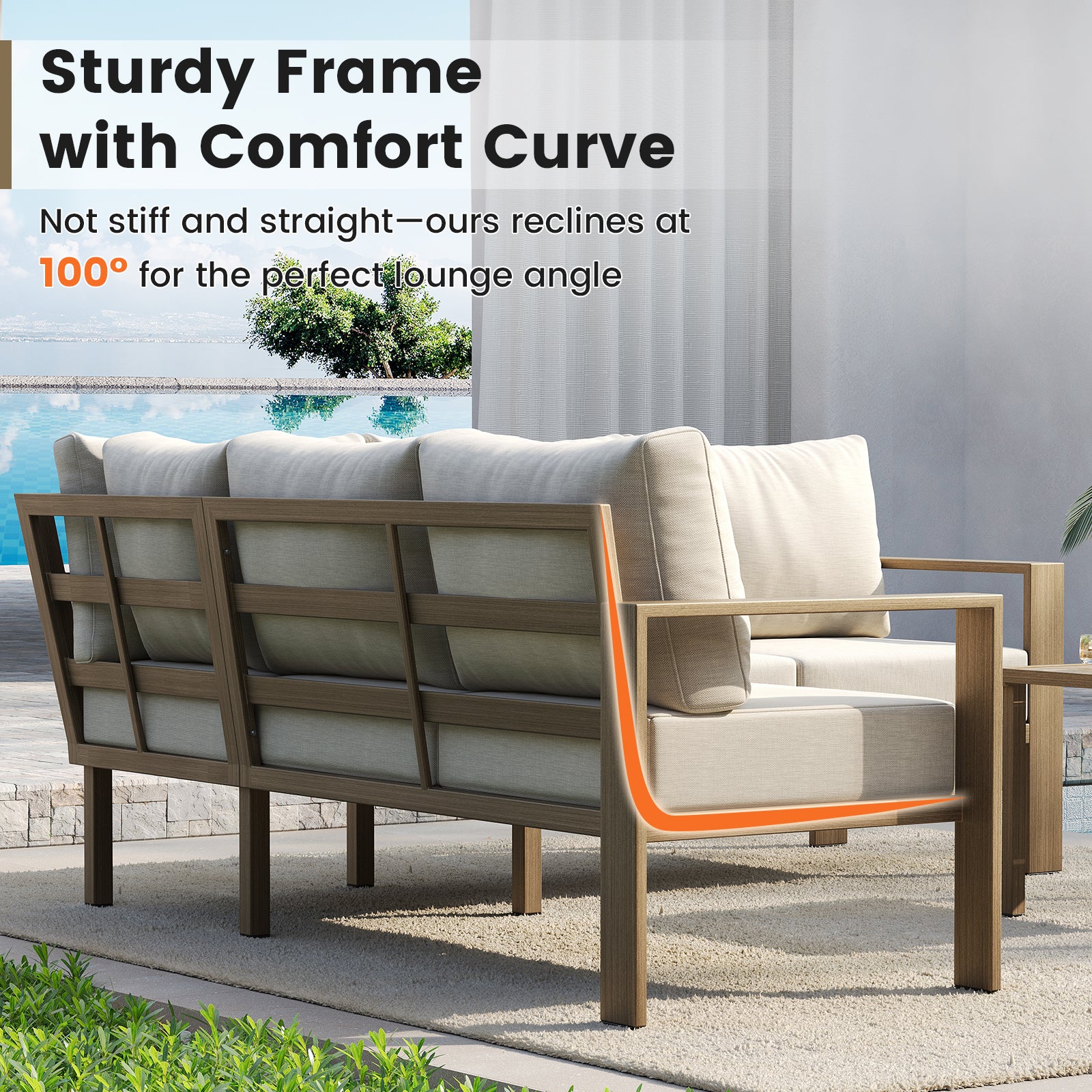 UDPATIO 6 Piece Patio Furniture Set, Faux Wood Metal Outdoor Sectional Sofa with 6" Thick Olefin Cushions, Wide Armrest & Coffee Table, L Shaped Outdoor Furniture for Garden, Backyard