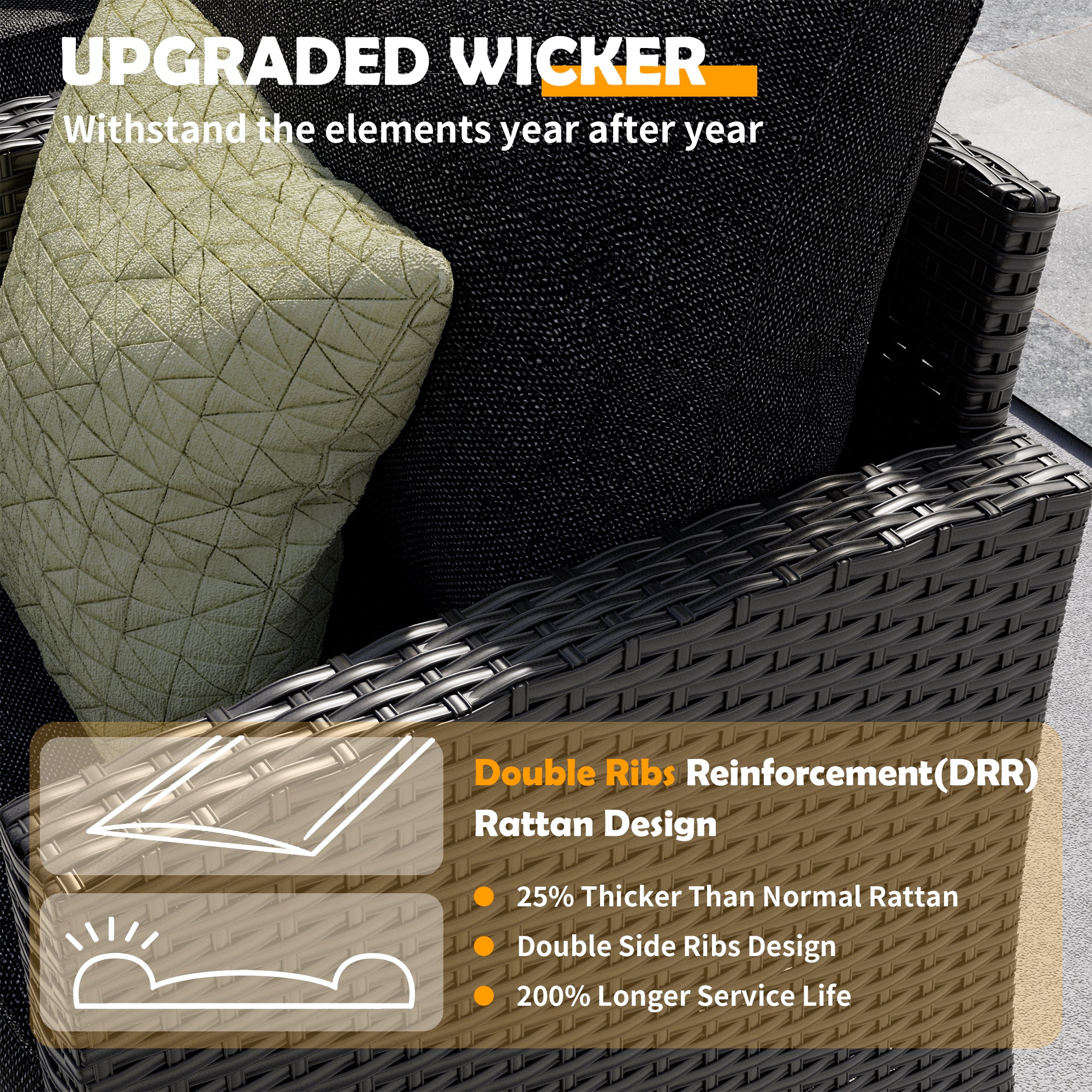 UDPATIO Patio Furniture Set with 44" Fire Pit Table, 8 Pieces Outdoor Sectional Conversation Sets, All-Weather Wicker Rattan Sofa Ottoman with 4" Thick Cushion for Garden Backyard Deck, Black