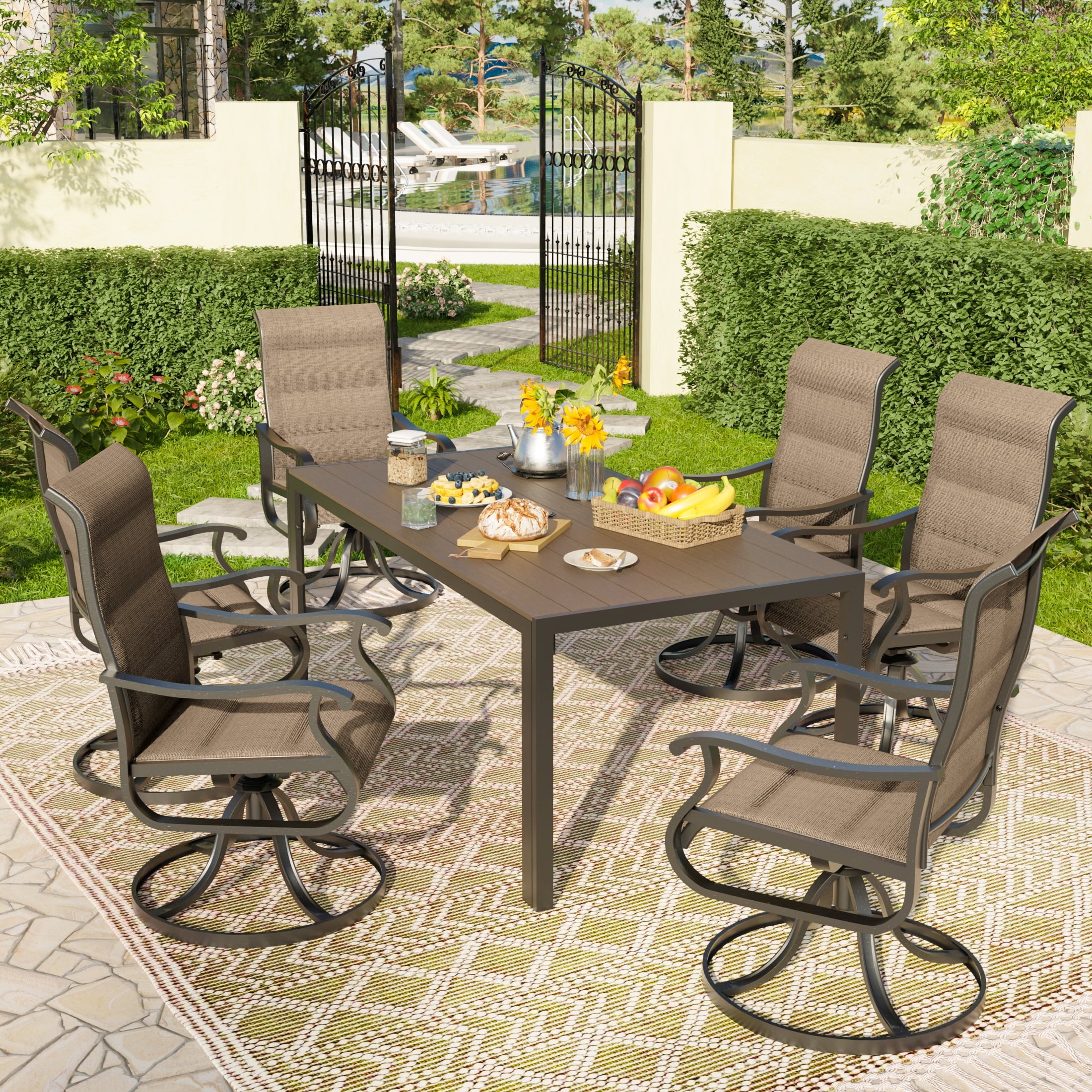 UDPATIO 7-Piece Outdoor Dining Set with High-Back Swivel Padded Chairs & Iron Rectangle Table for 6-Person, Brown & Khaki