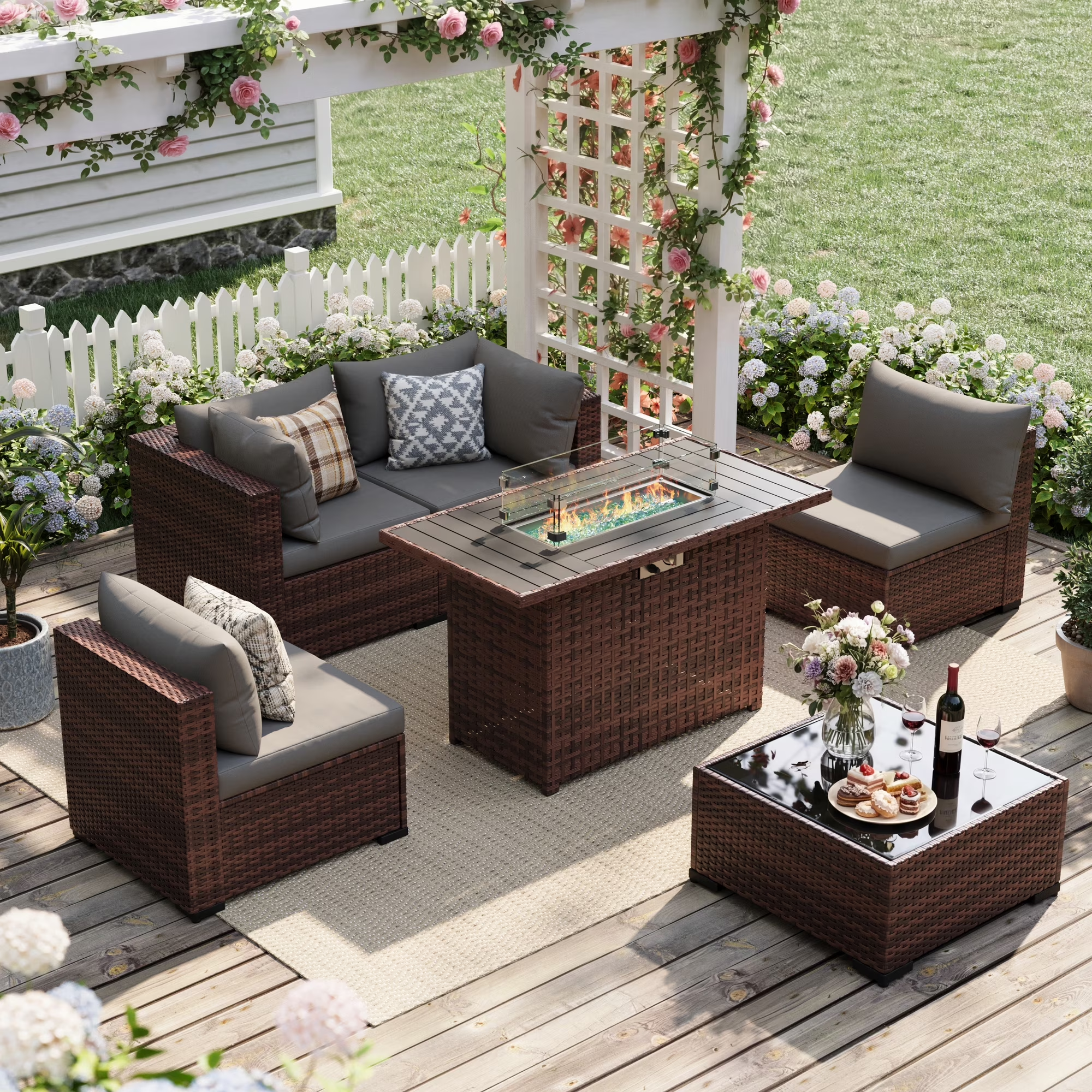 UDPATIO Patio Furniture Sets, Modular Rattan Outdoor Patio Sectional Furniture with 44" Fire Pit Table,, Wicker Patio Conversation Set for Backyard, Deck, Poolside w/Glass Coffee Table, 5PC Grey
